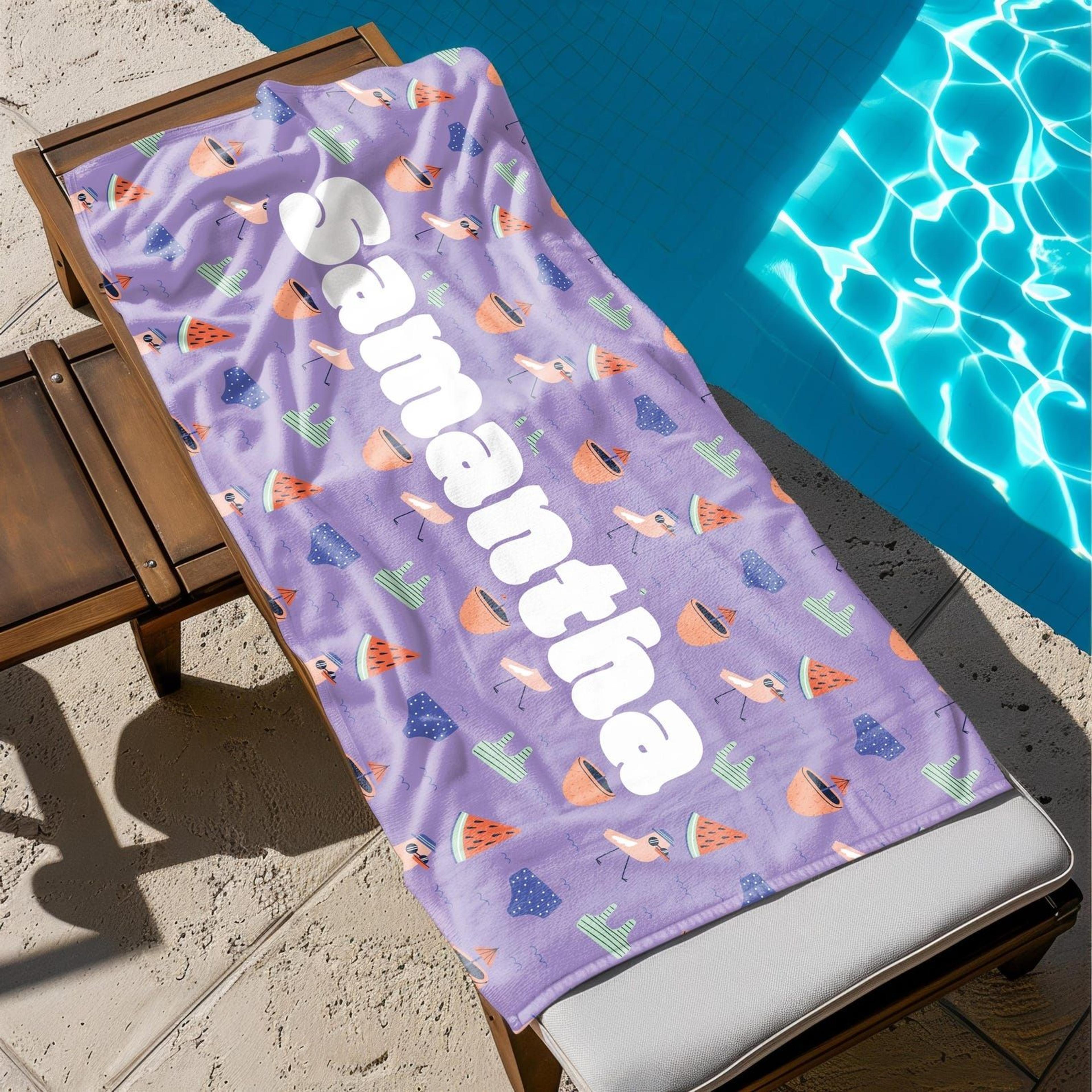 personalized summer pattern beach towel with custom name | lightweight microfiber pool towel