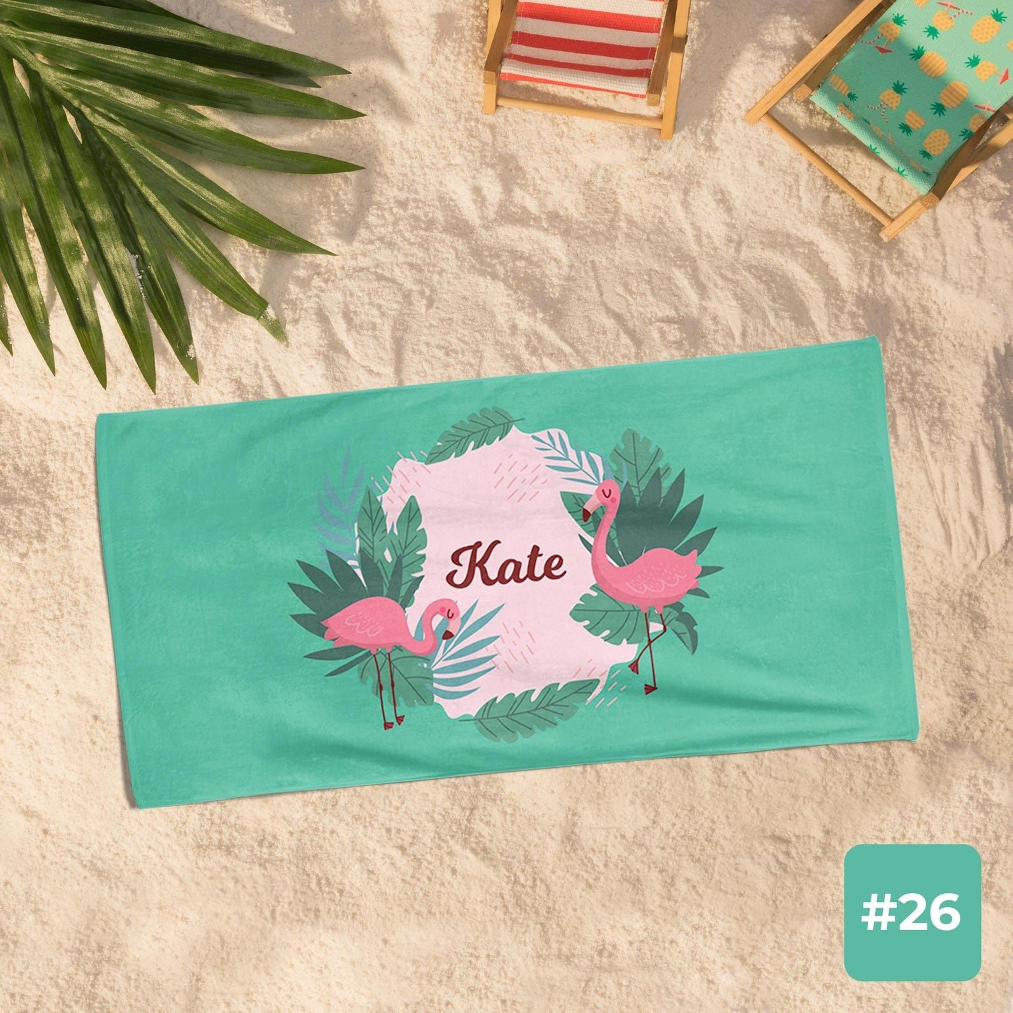 personalized flamingo beach towel with custom name | tropical summer pool & beach gift