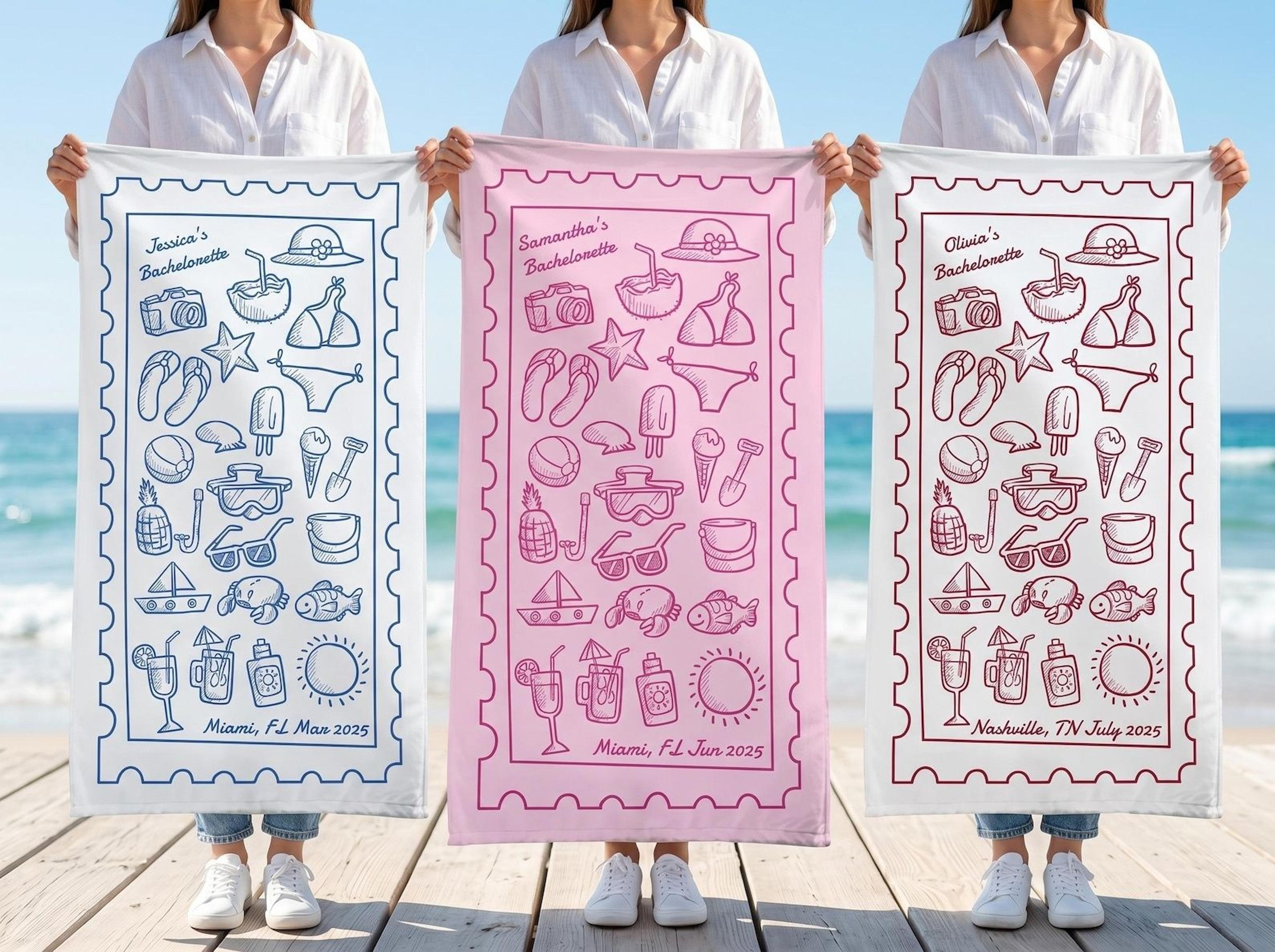 personalized bachelorette beach towel with custom name | bridal party beach favor