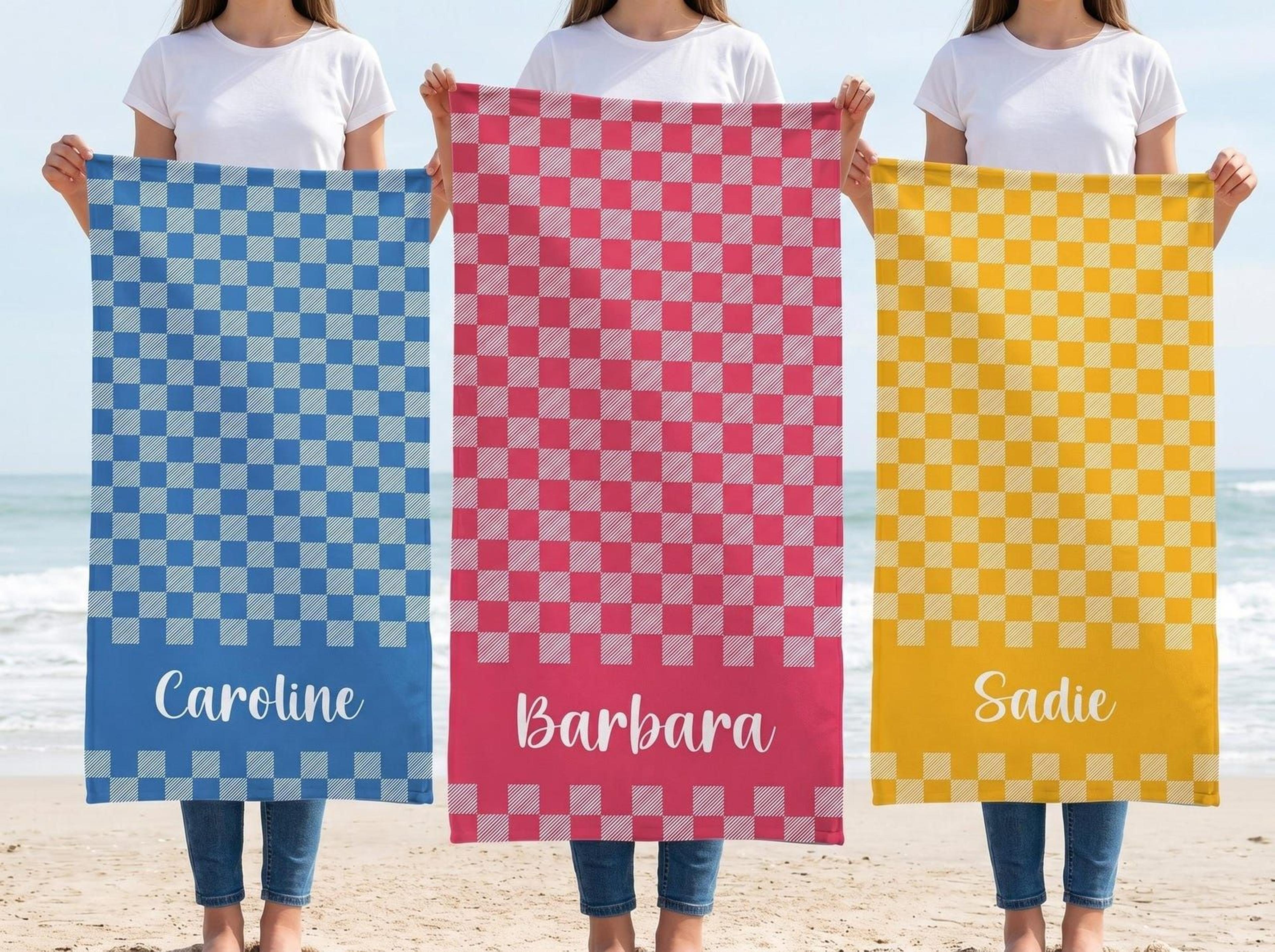 personalized gingham beach towel with name | groovy kids summer beach towel