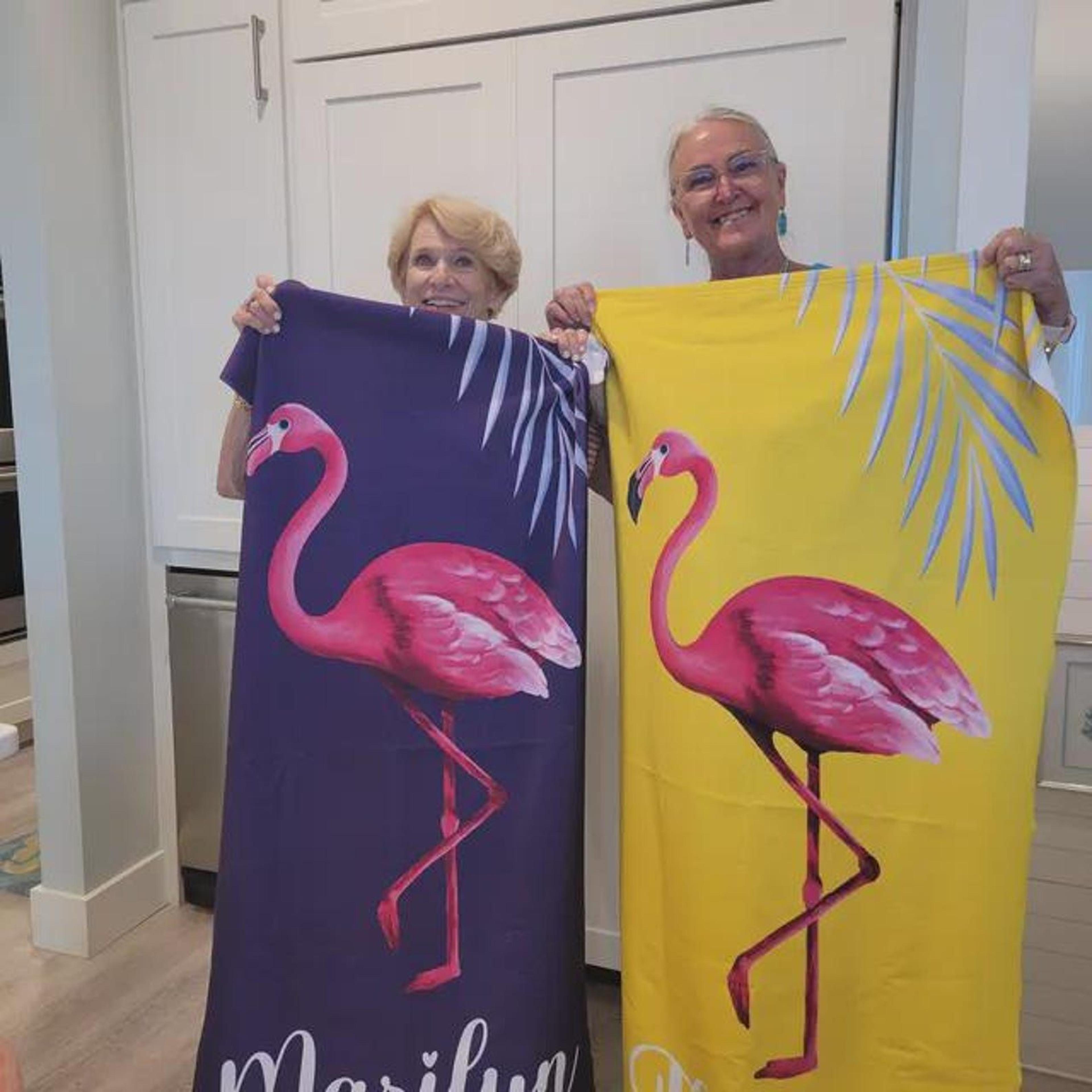 personalized flamingo beach towel with name – custom tropical vacation towel for pool & beach days