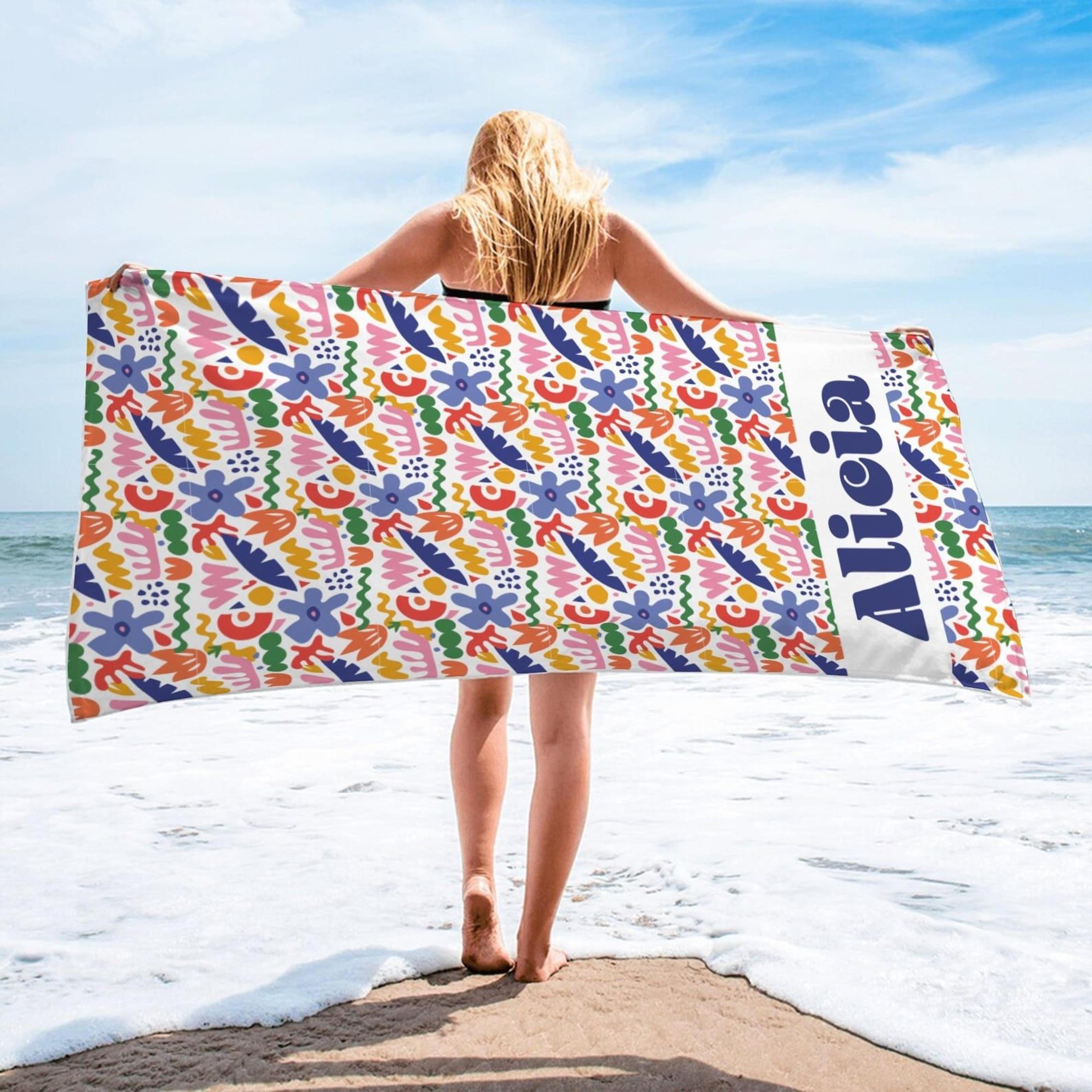 personalized abstract floral beach towel with name – custom vacation pool towel for women