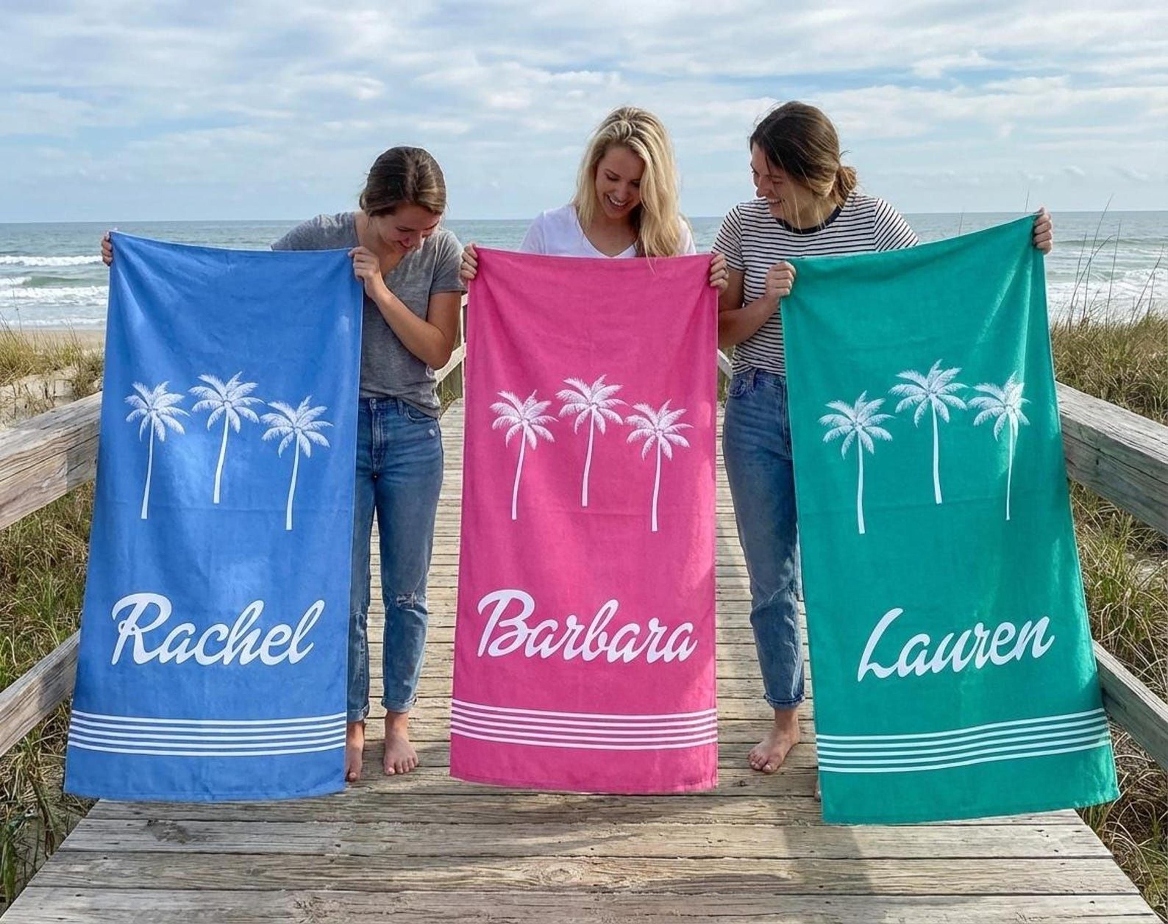 personalized palm print beach towel with name – custom vacation towel for birthdays, beach trips & summer fun