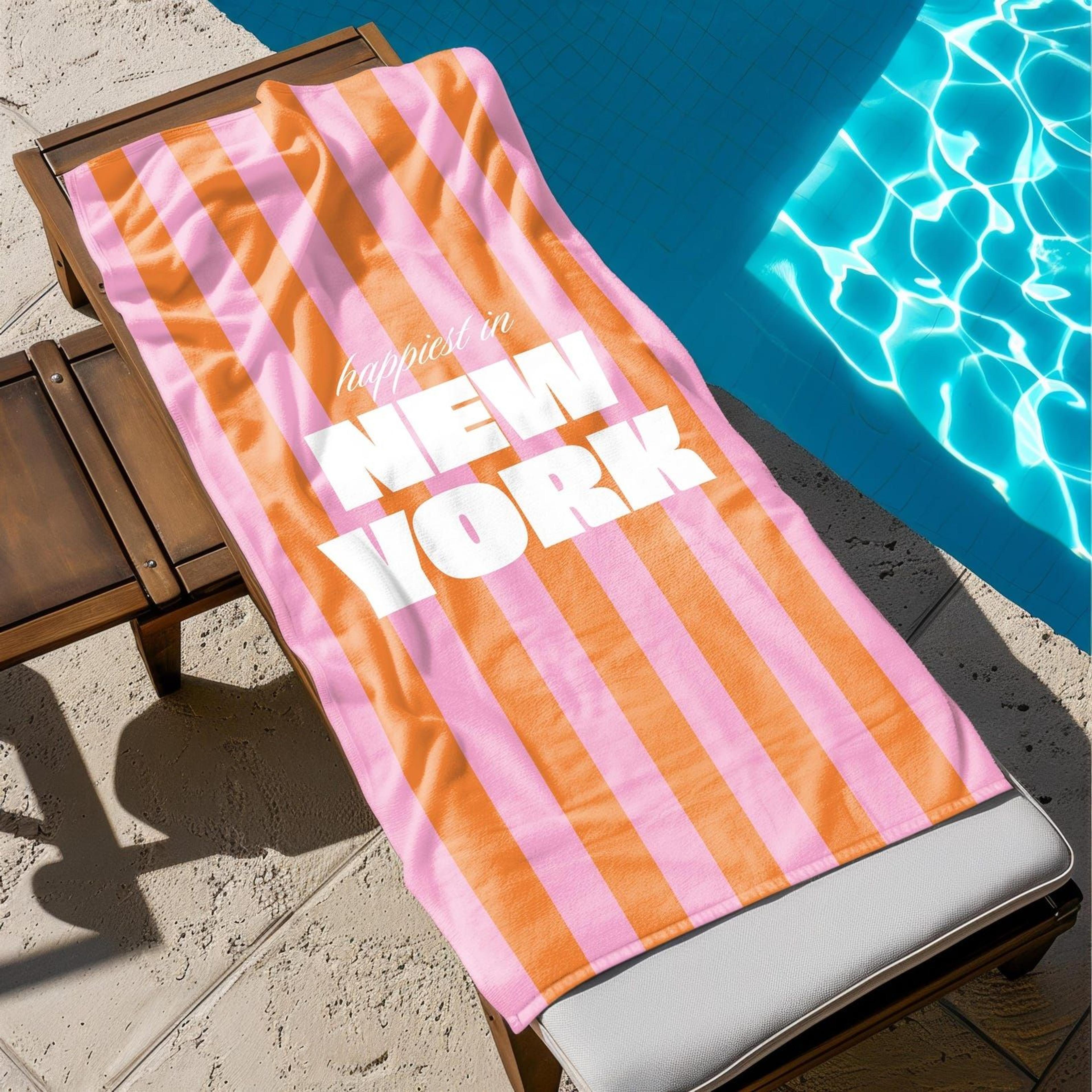 personalized striped beach towel with name – custom destination pool towel for vacations & summer travel