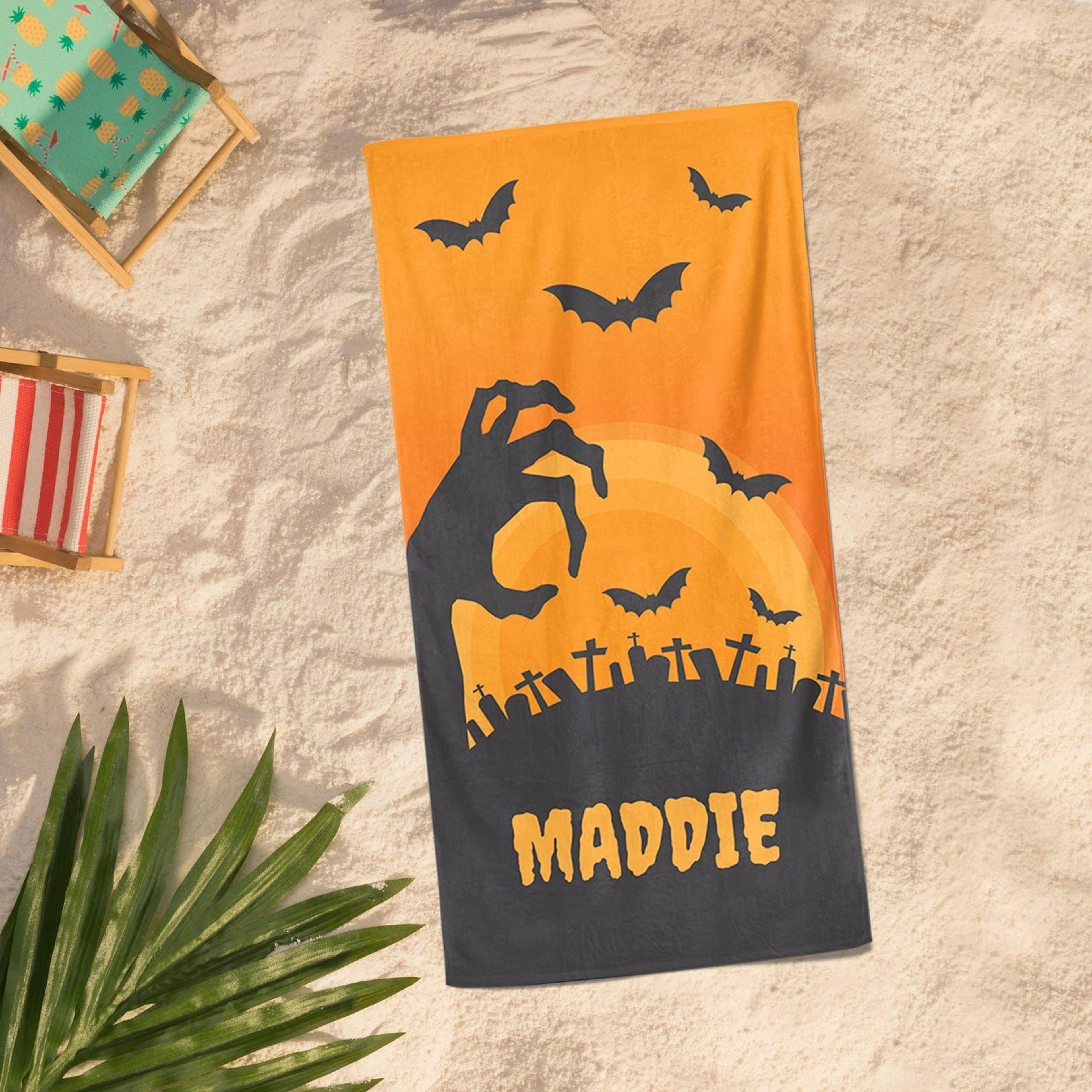 personalized halloween beach towel with name – spooky graveyard pool towel for kids & adults