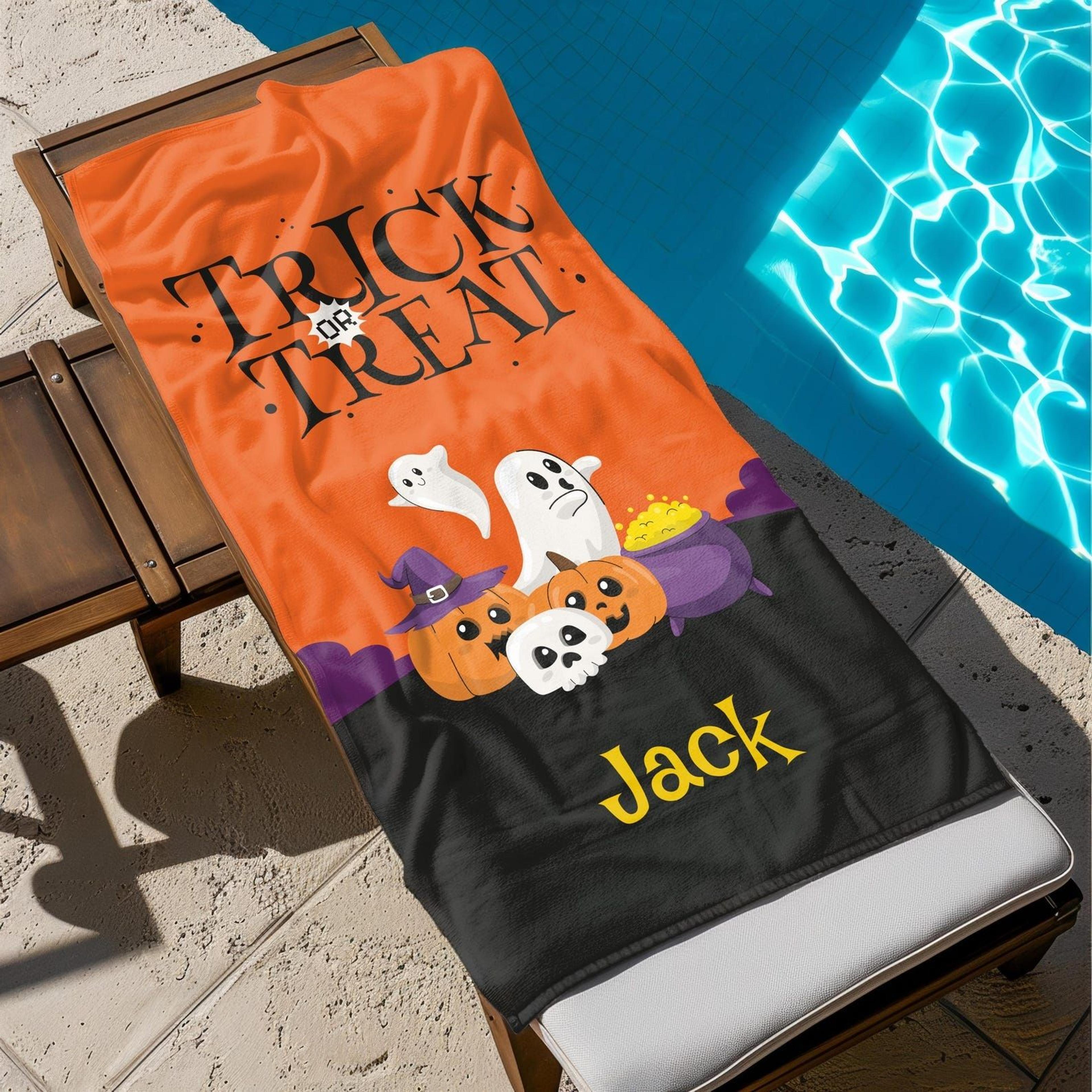 personalized halloween beach towel with name – custom spooky bat & graveyard pool towel for kids and adults