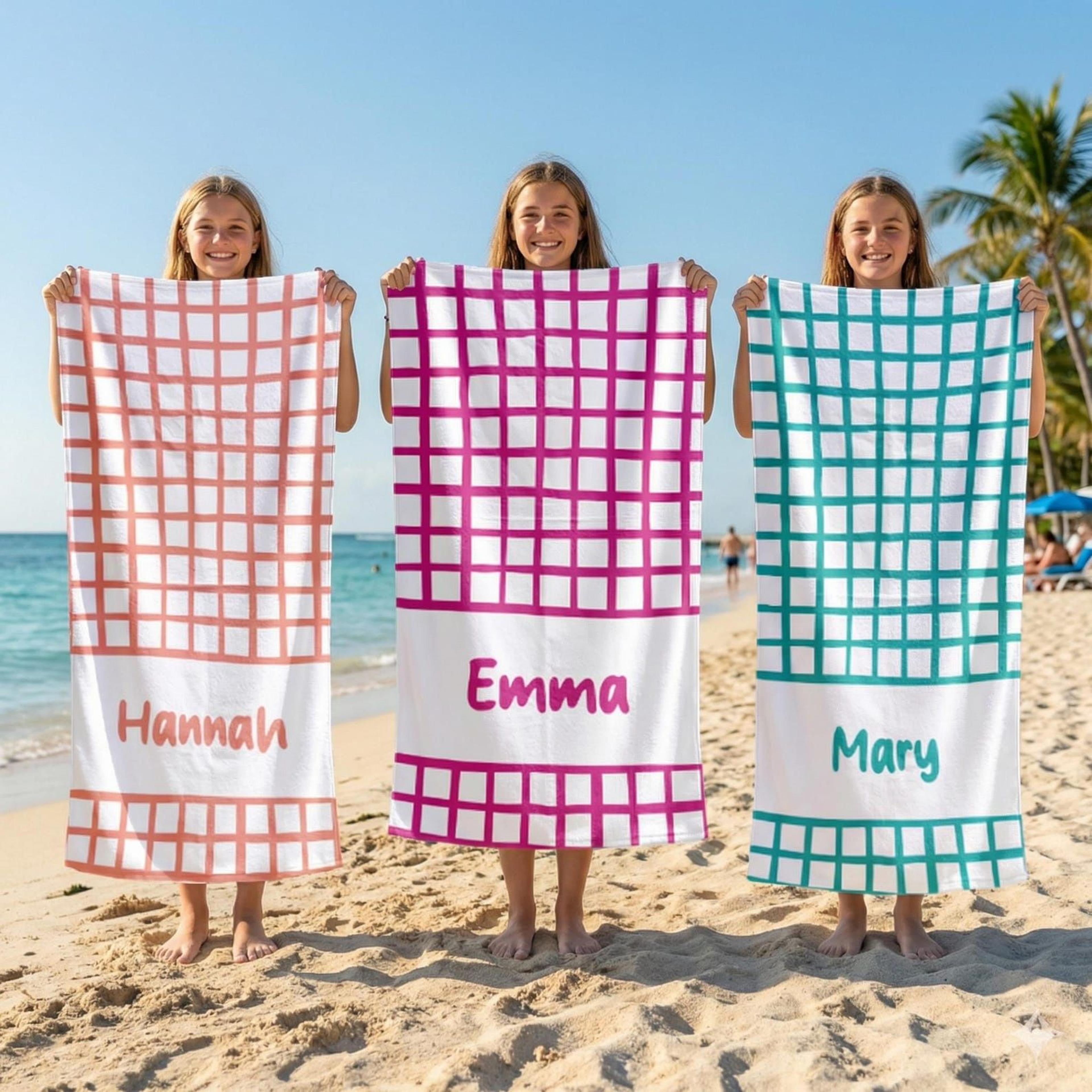 personalized gingham beach towel with name – custom kids pool towel for summer, beach & vacation fun