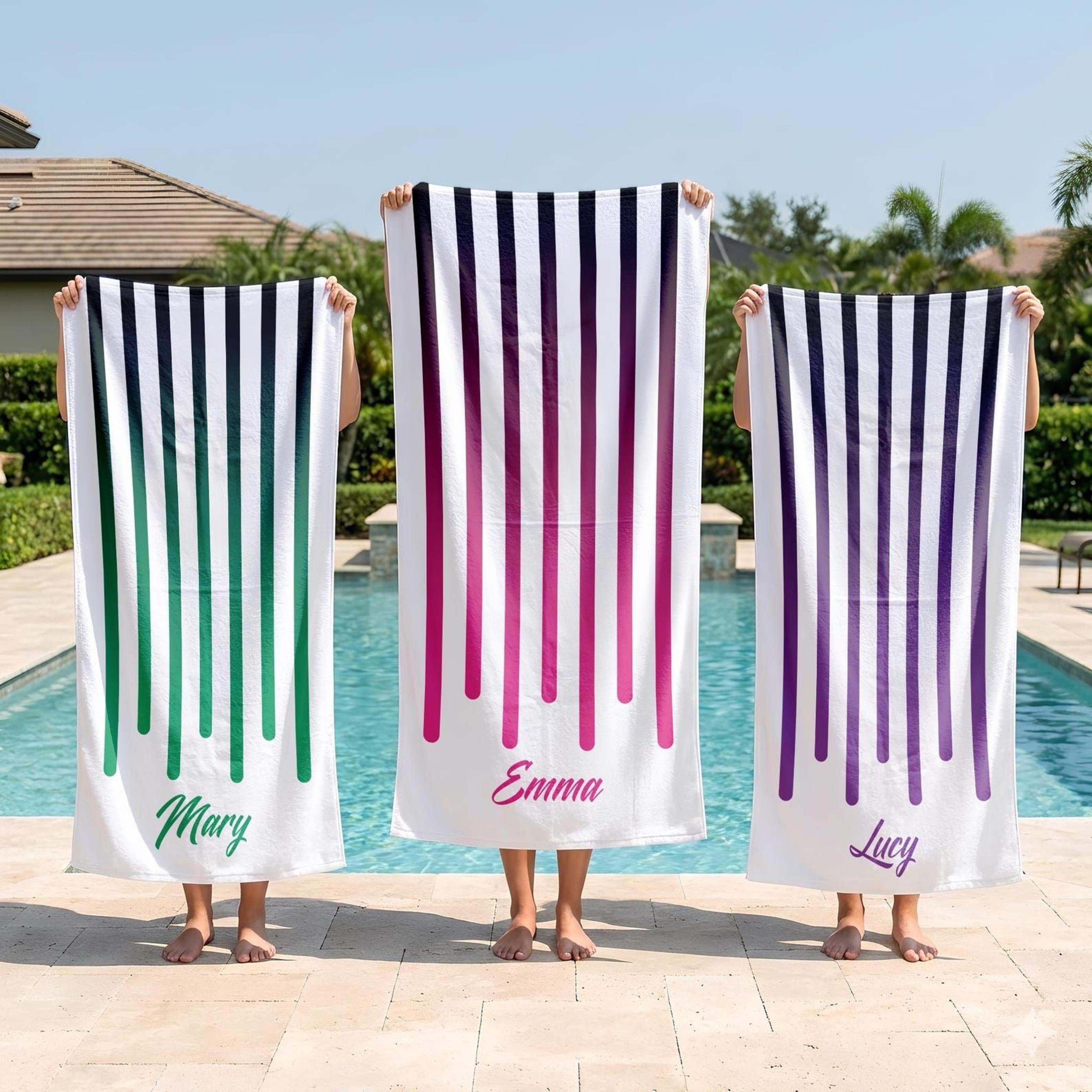 personalized striped beach towel with name – custom family pool towel for vacations, parties & beach days