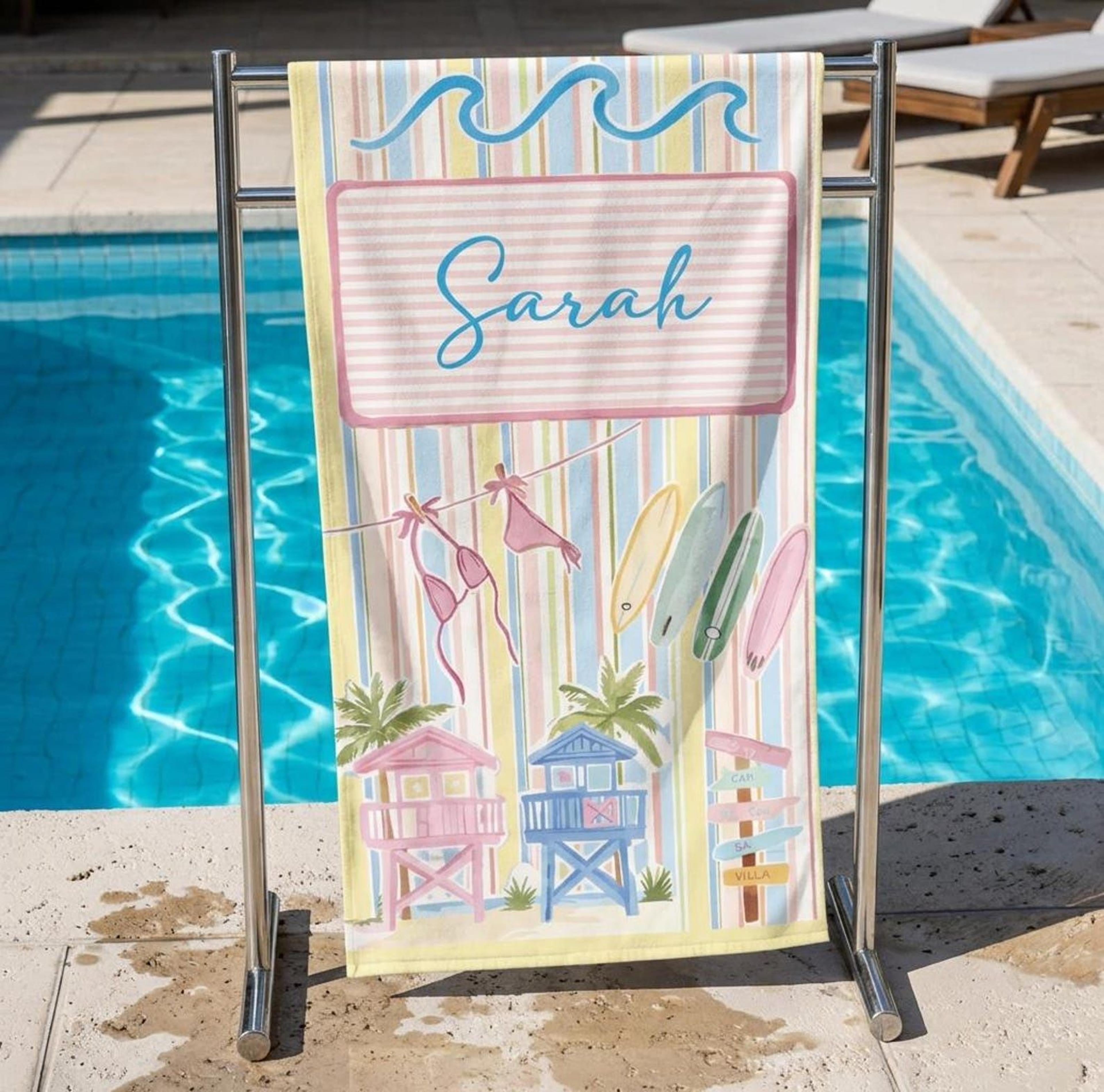 personalized bachelorette party beach towel – custom bride & bridesmaid pool towel for girls trip vacations