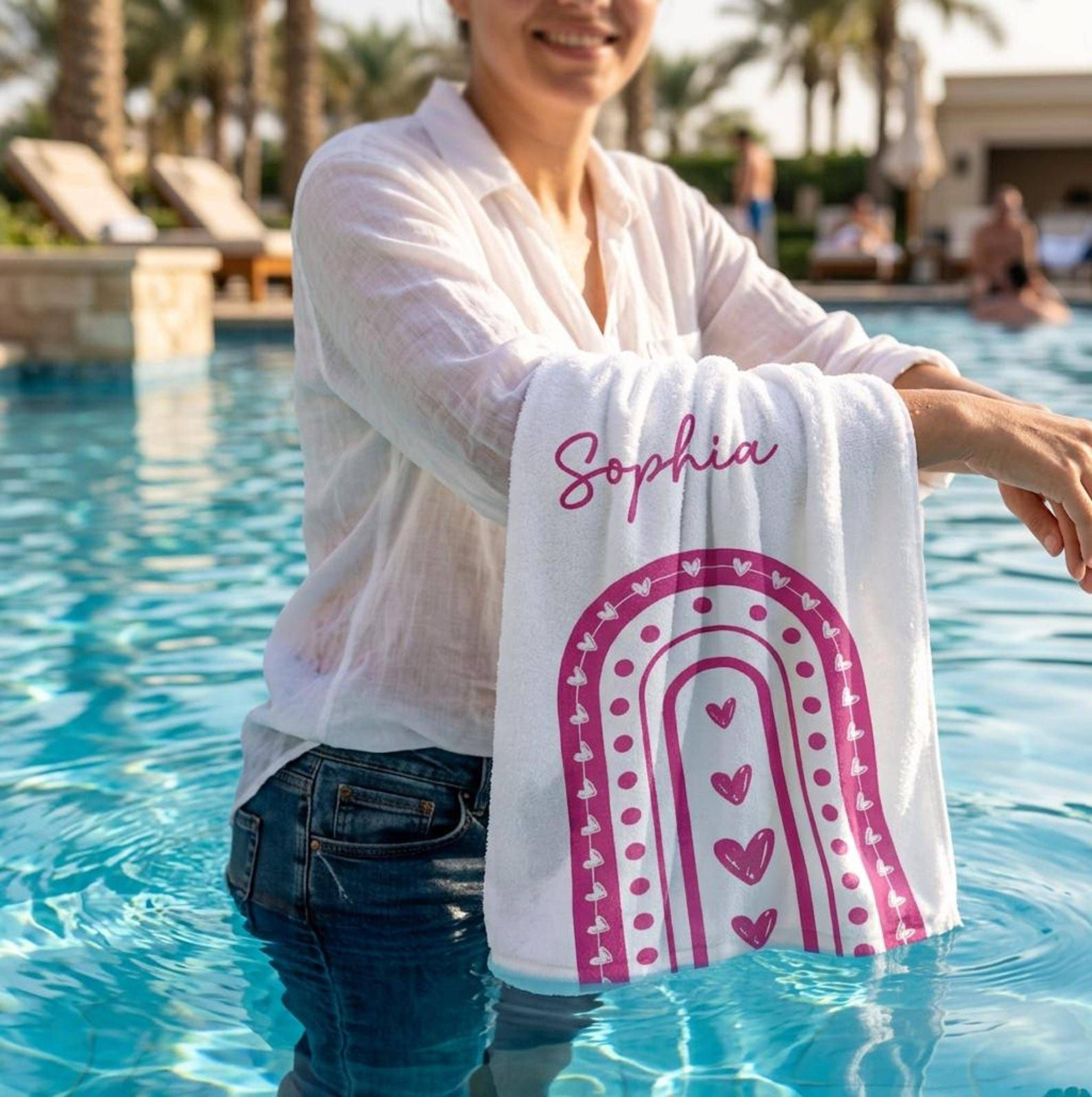 personalized autism awareness beach towel with name – in april we wear blue family & team pool towel
