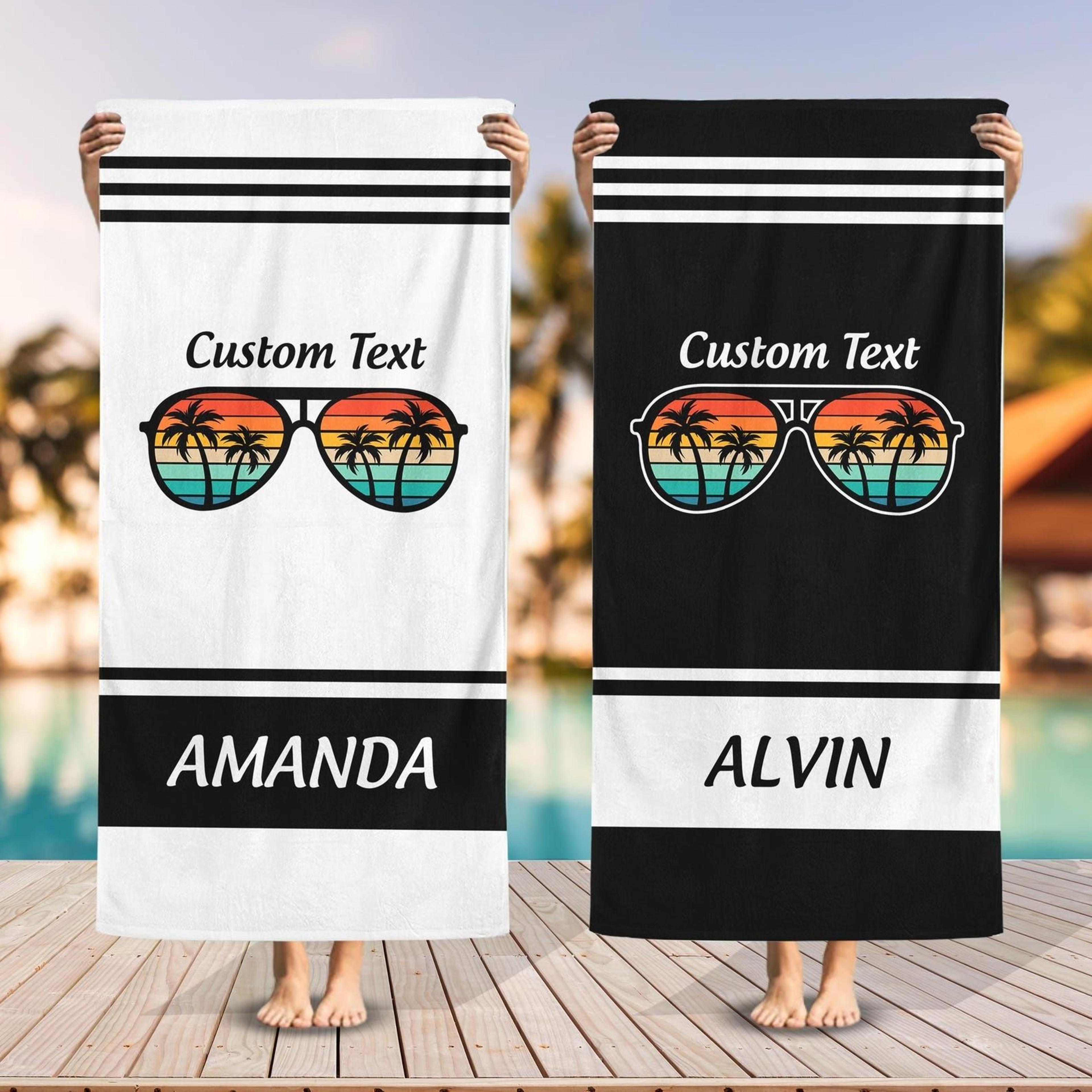 personalized sunset sunglasses beach towel with name – custom vacation travel towel for beach lovers
