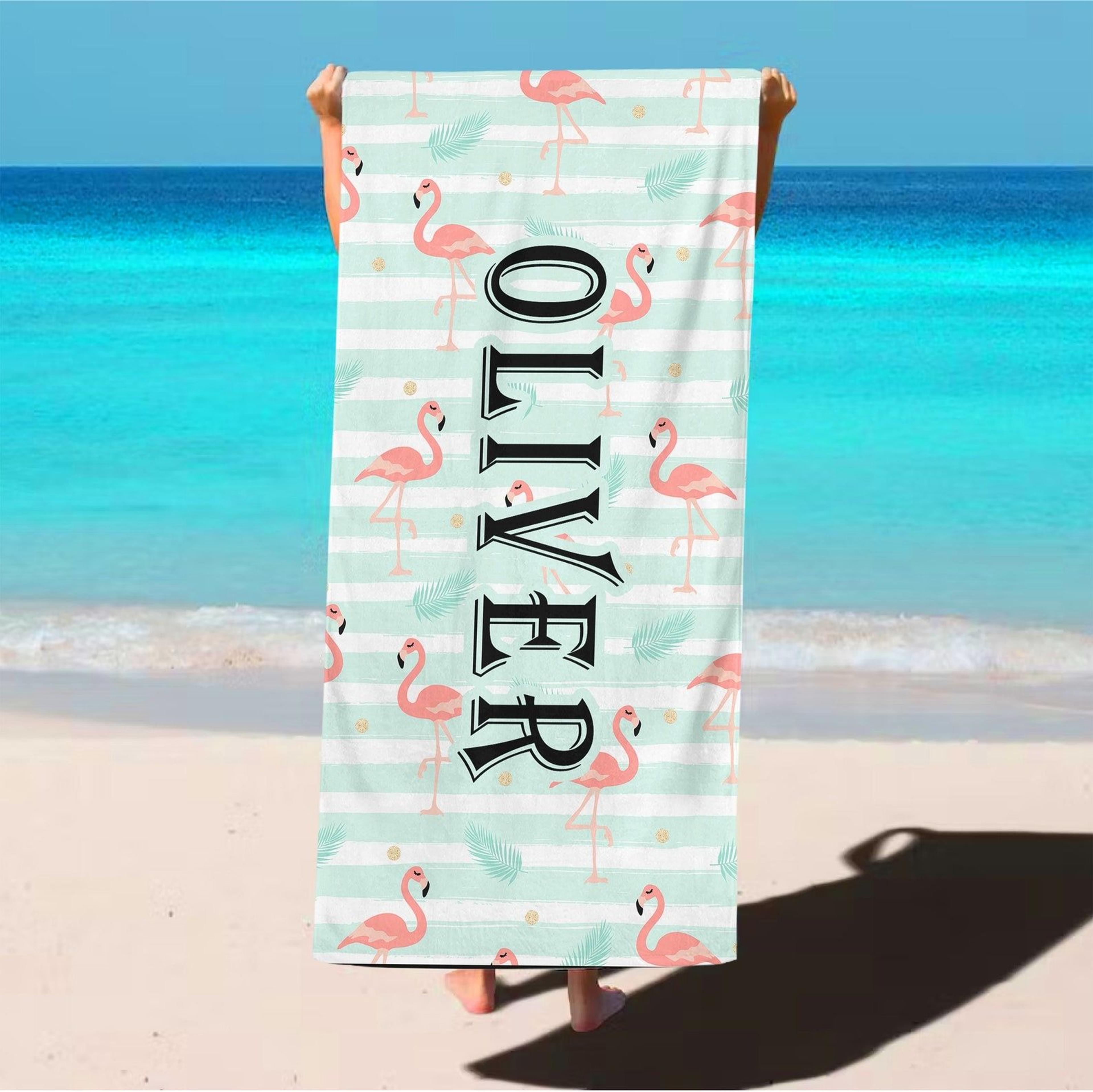 personalized flamingo beach towel – custom name kids pool & vacation towel