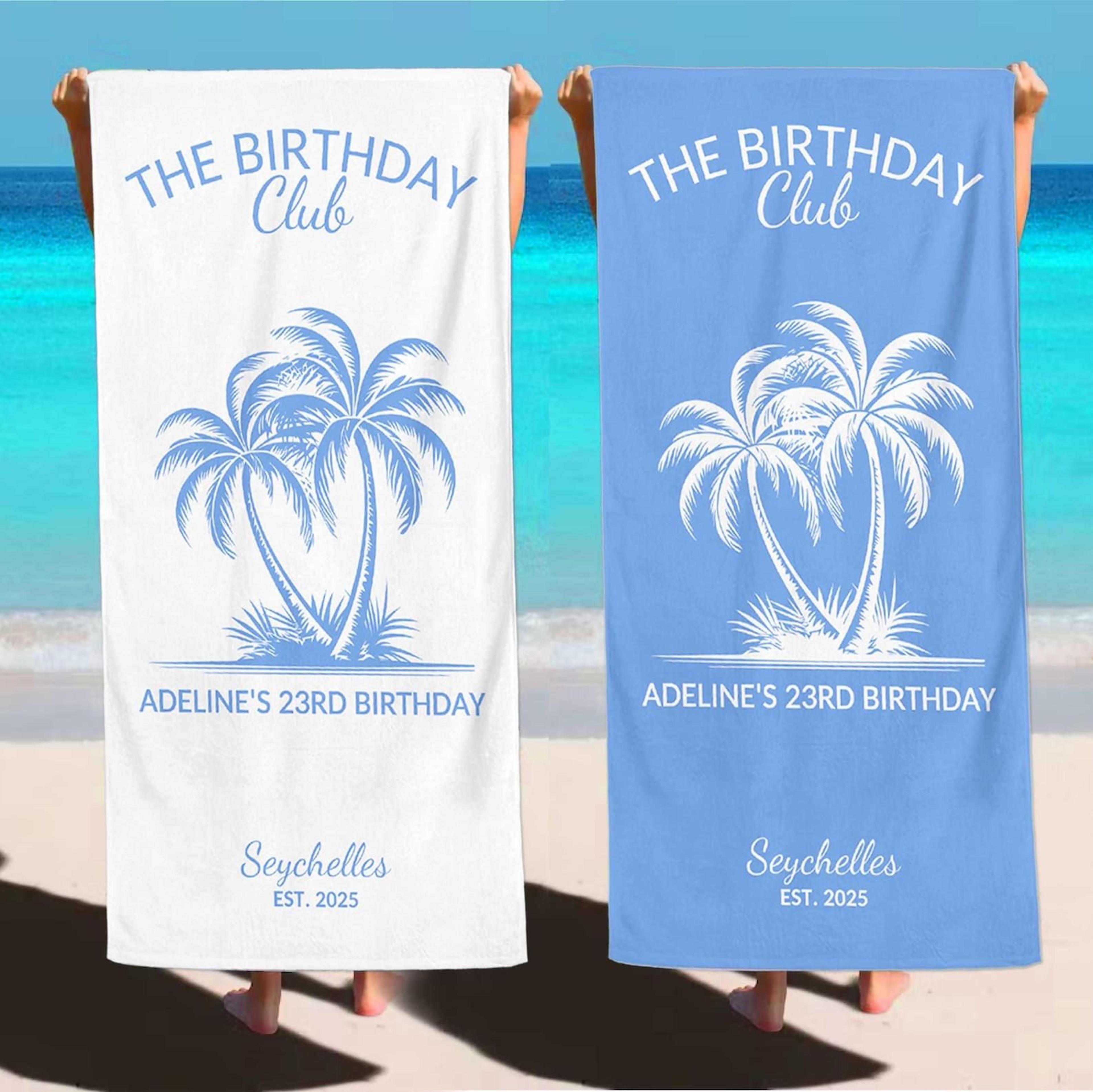 personalized birthday club beach towel – custom coastal trip gift for birthday getaways