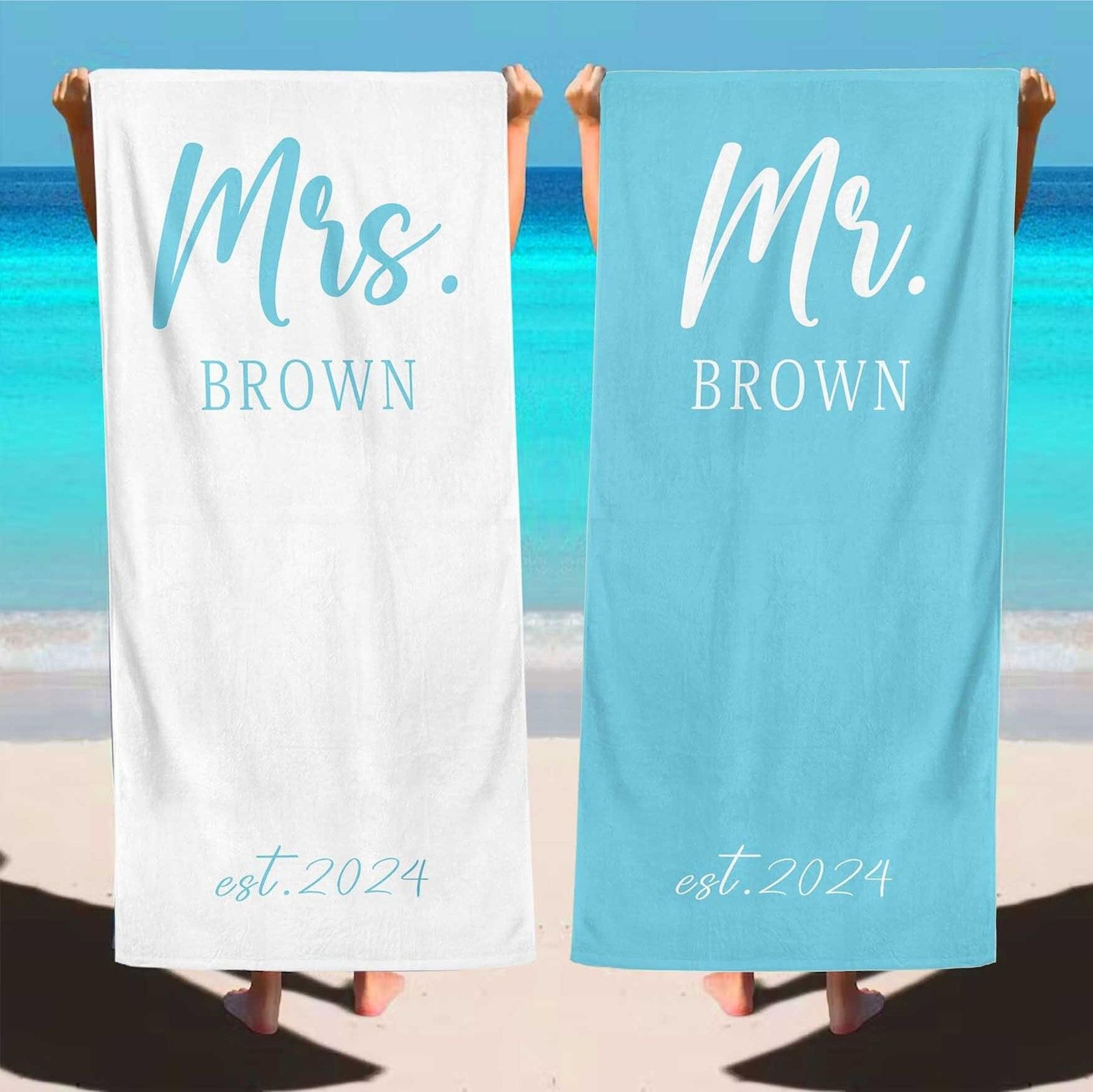 personalized mr & mrs beach towel – custom honeymoon gift for newlyweds & couples