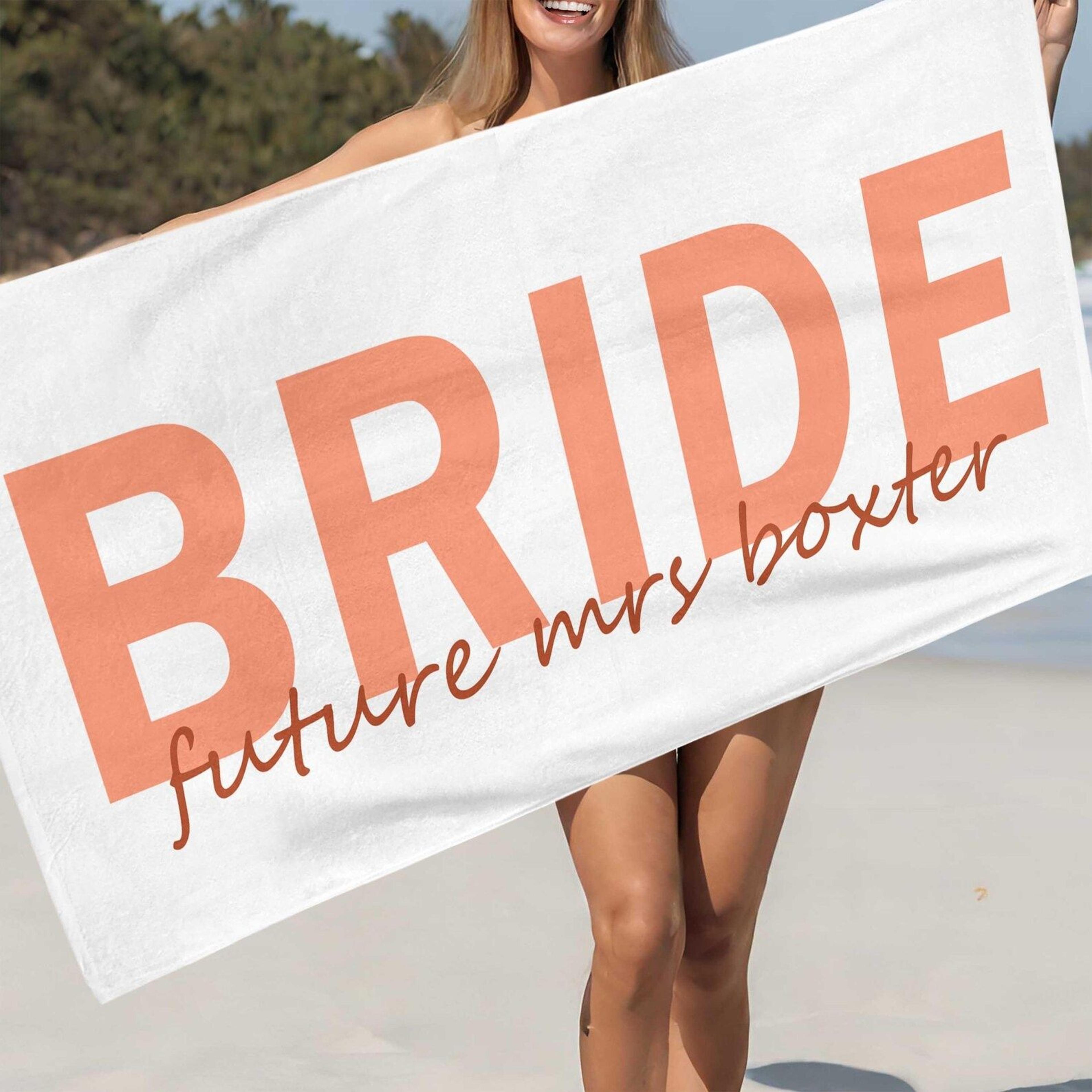 personalized bride beach towel – custom bridal shower favor & engagement gift for brides