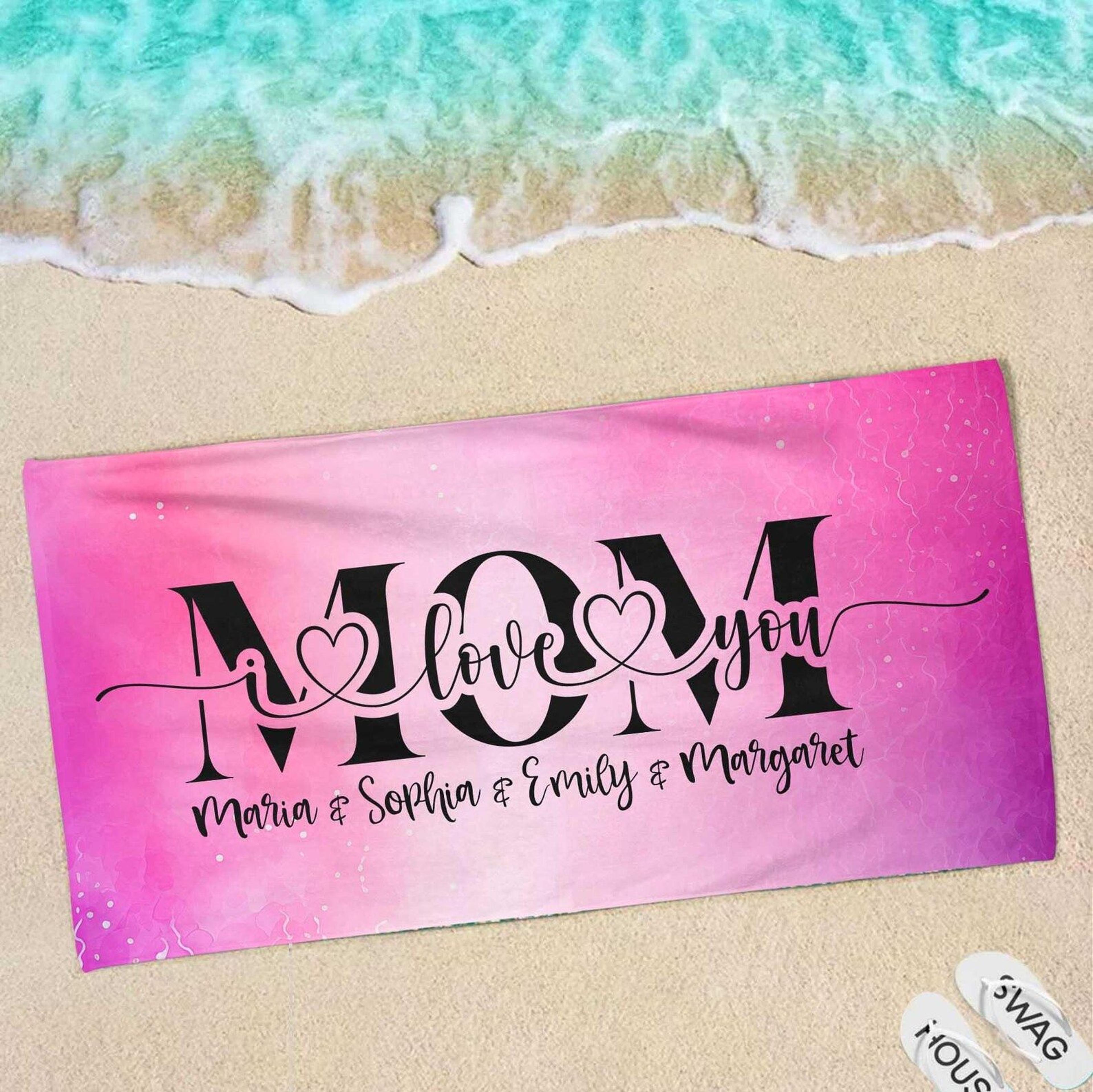 i love you mom beach towel – personalized kids name gift for mom