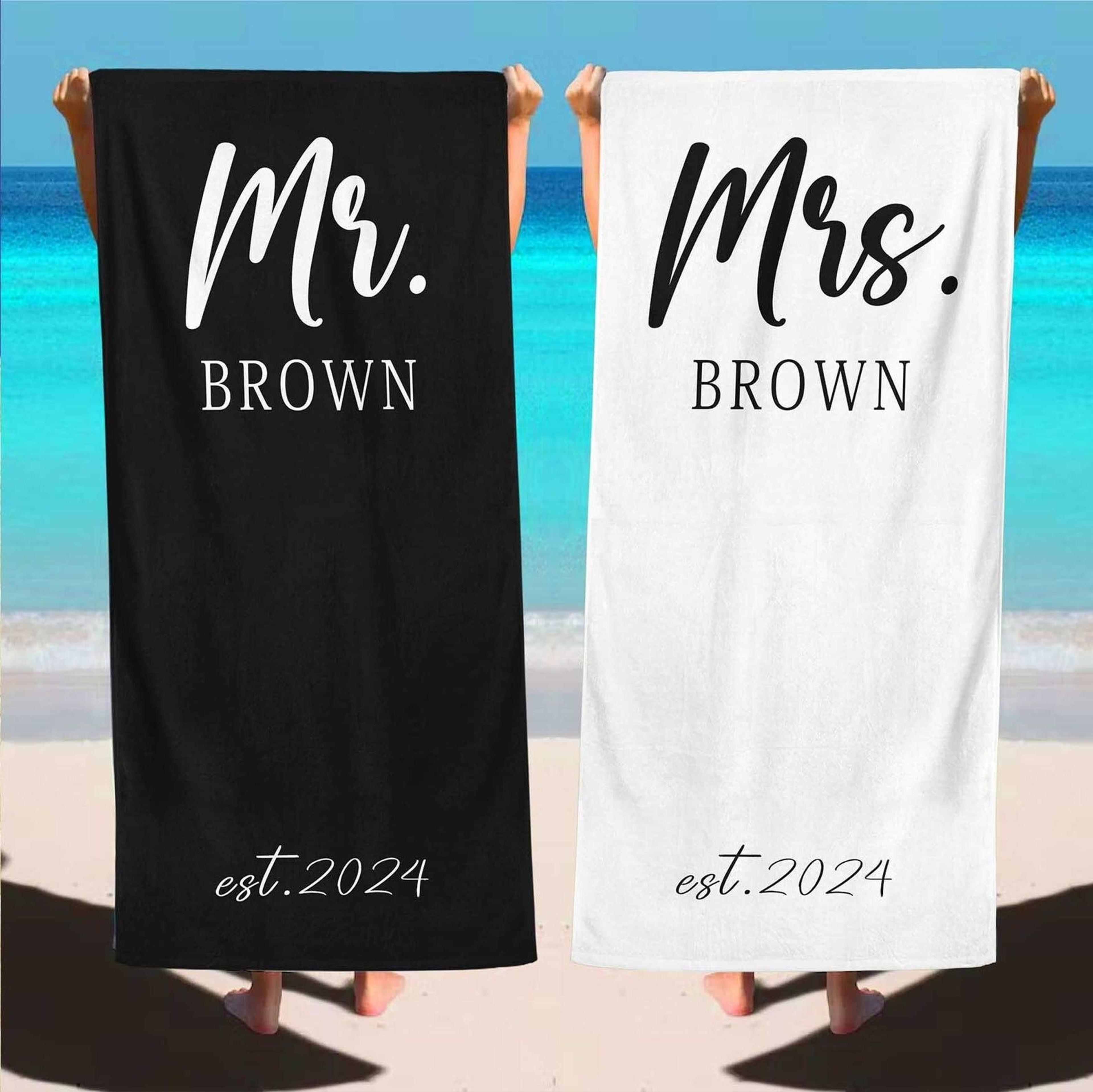 personalized mr & mrs beach towel – custom honeymoon gift for couples & newlyweds