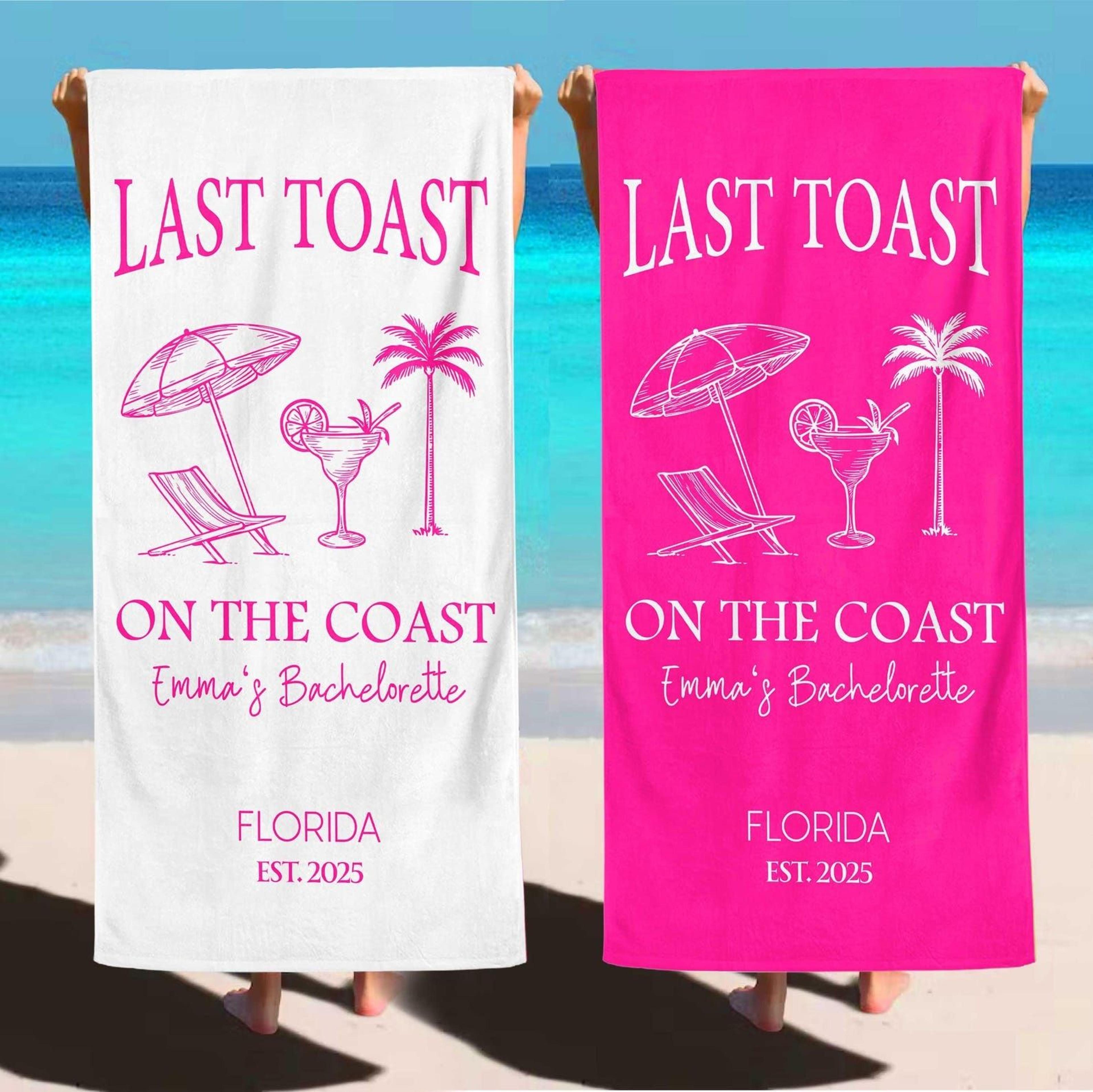 last toast on the coast personalized beach towel – custom bachelorette party favor
