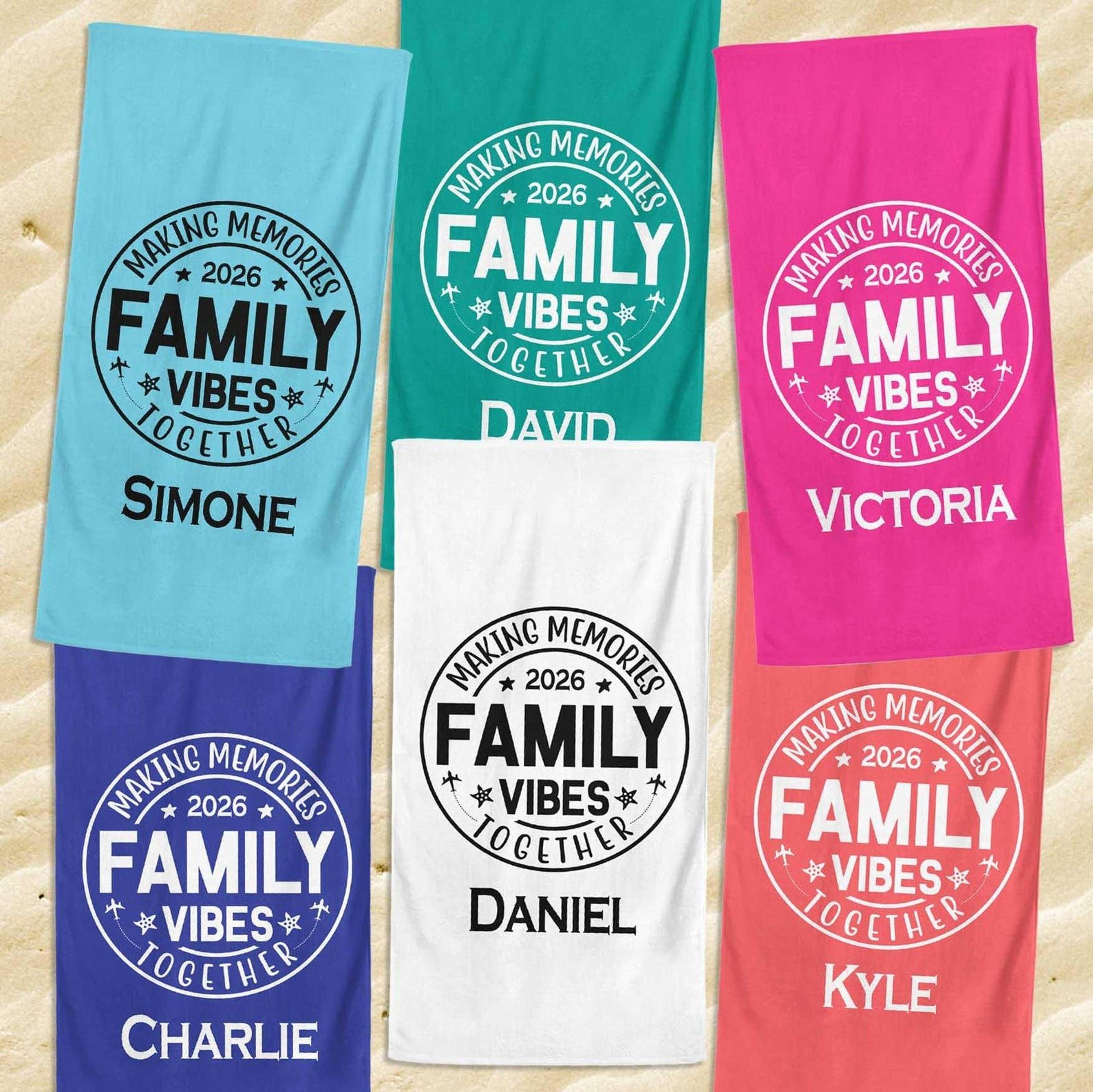 custom family vibes 2026 beach towel – personalized summer vacation family gift