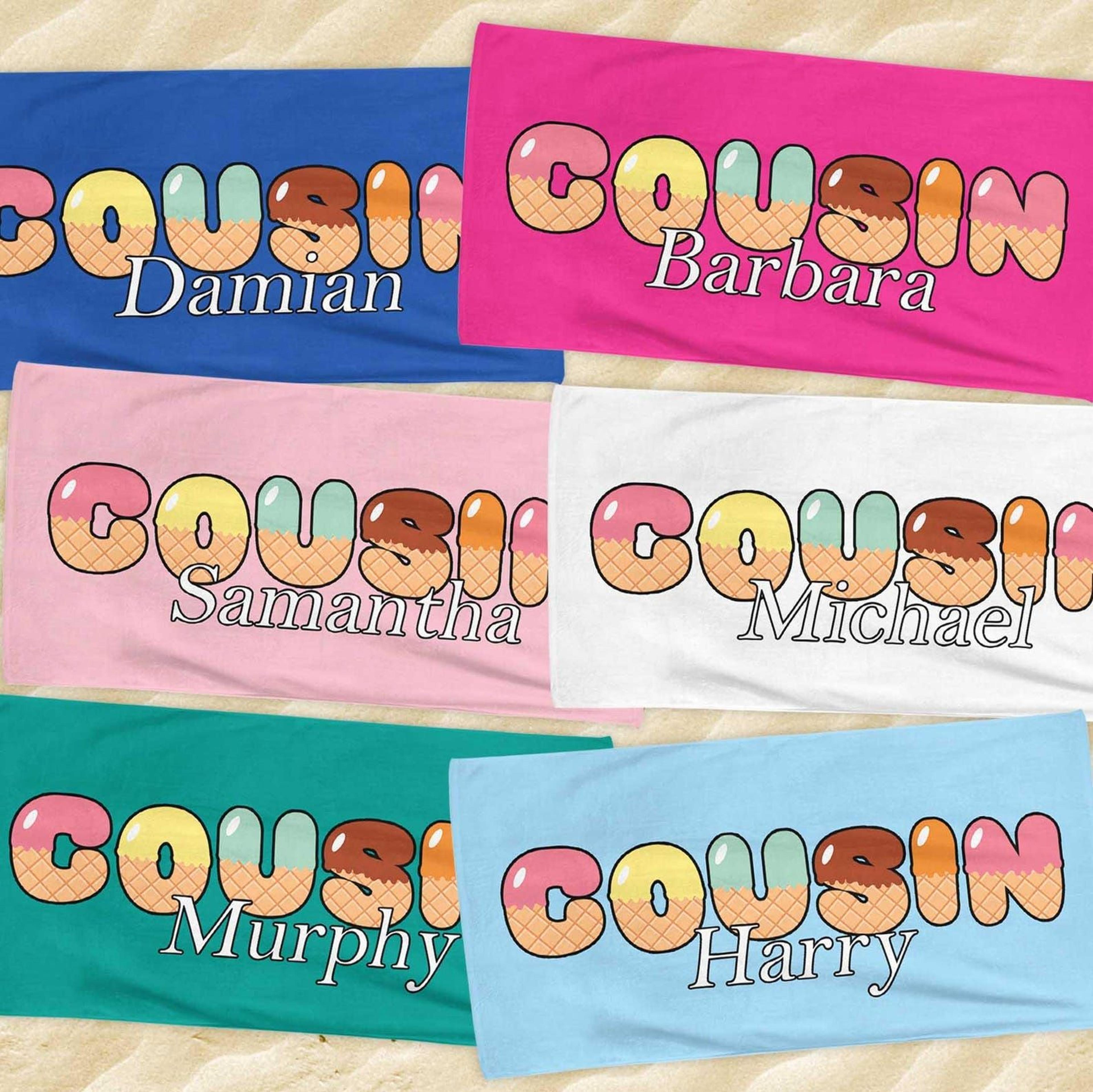 personalized cousin beach towel – custom summer vacation & pool party gift