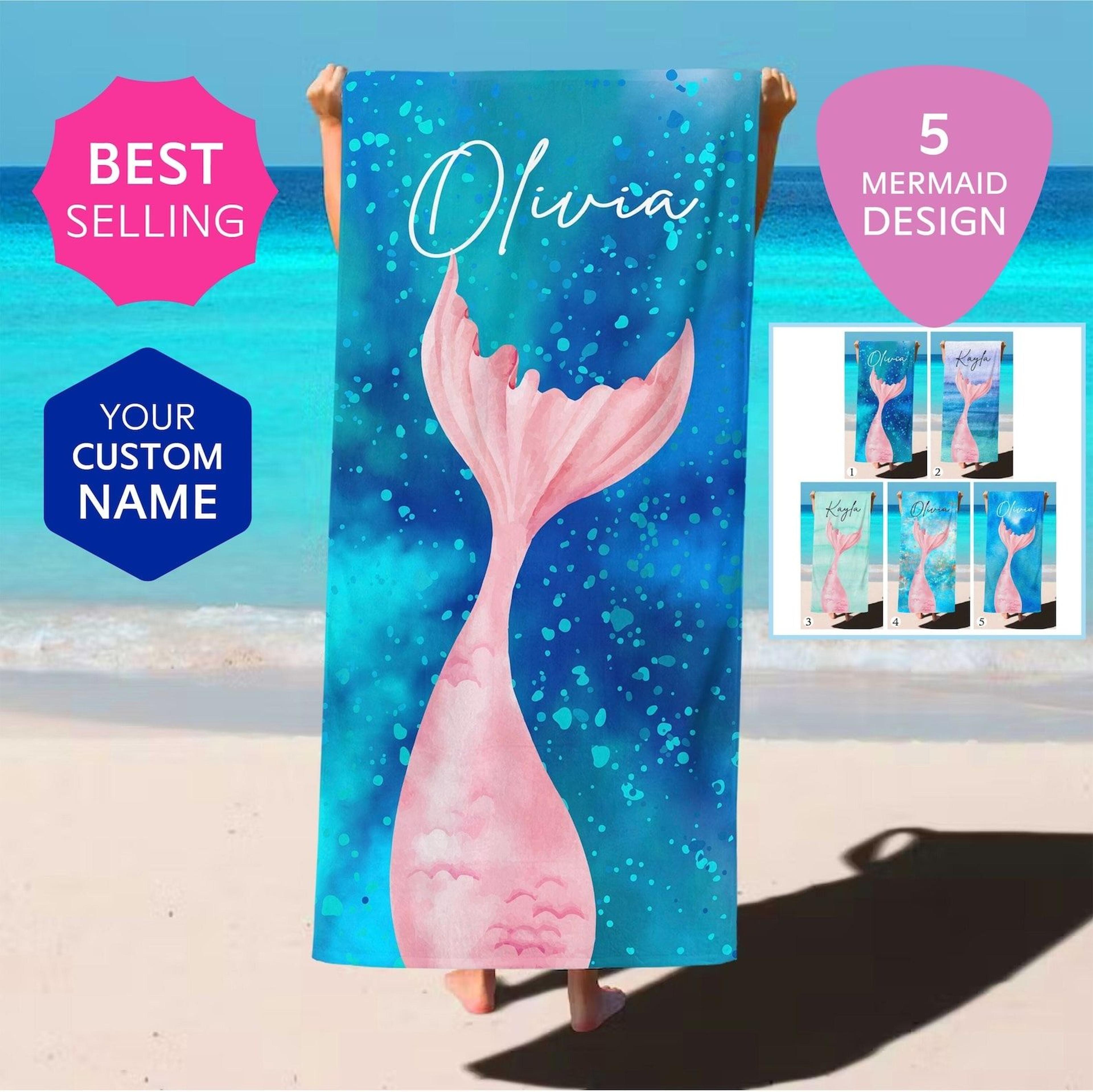 personalized mermaid beach towel with custom name – magical summer gift for girls