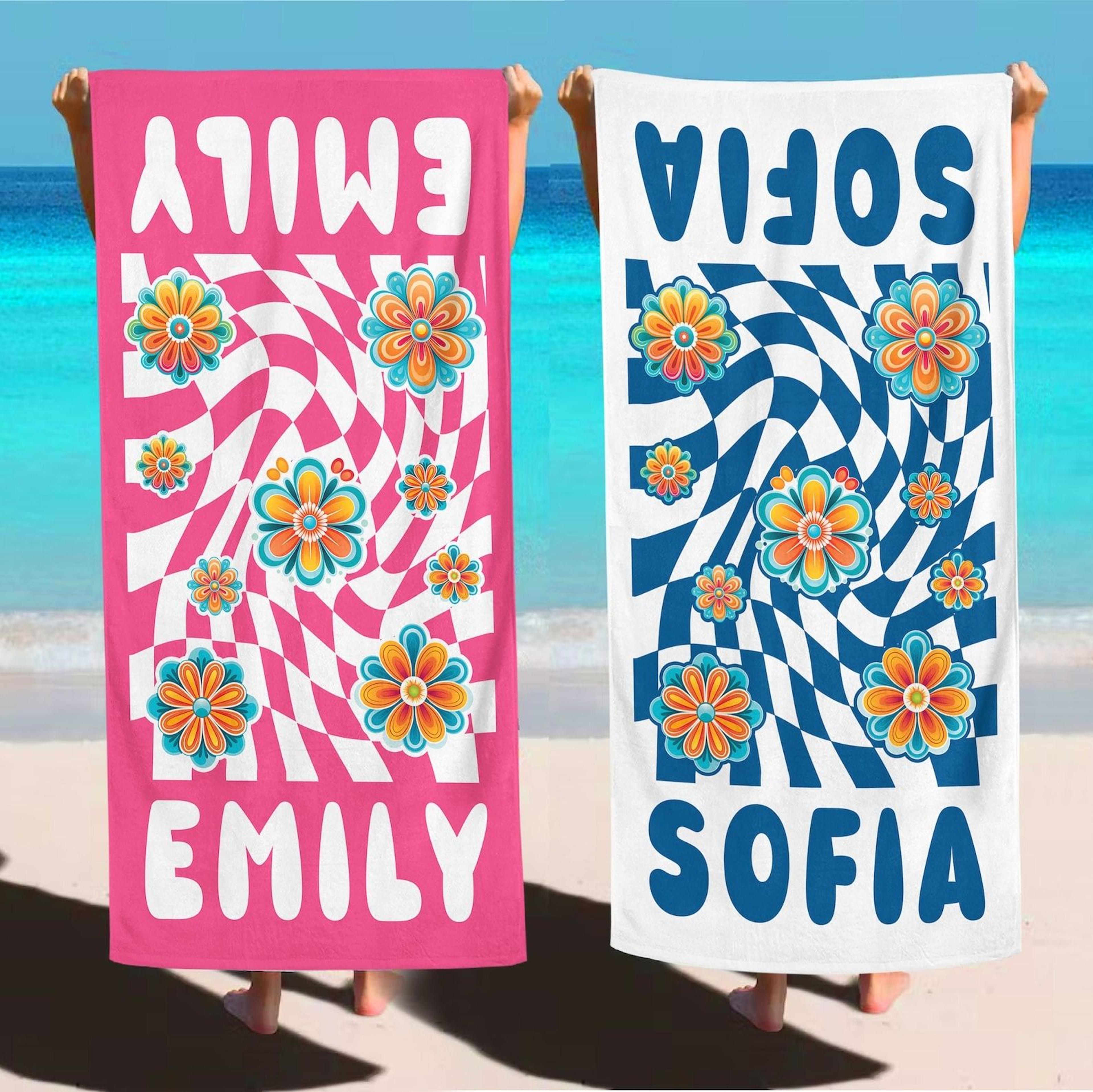 personalized floral beach towel with custom name – elegant summer gift for women