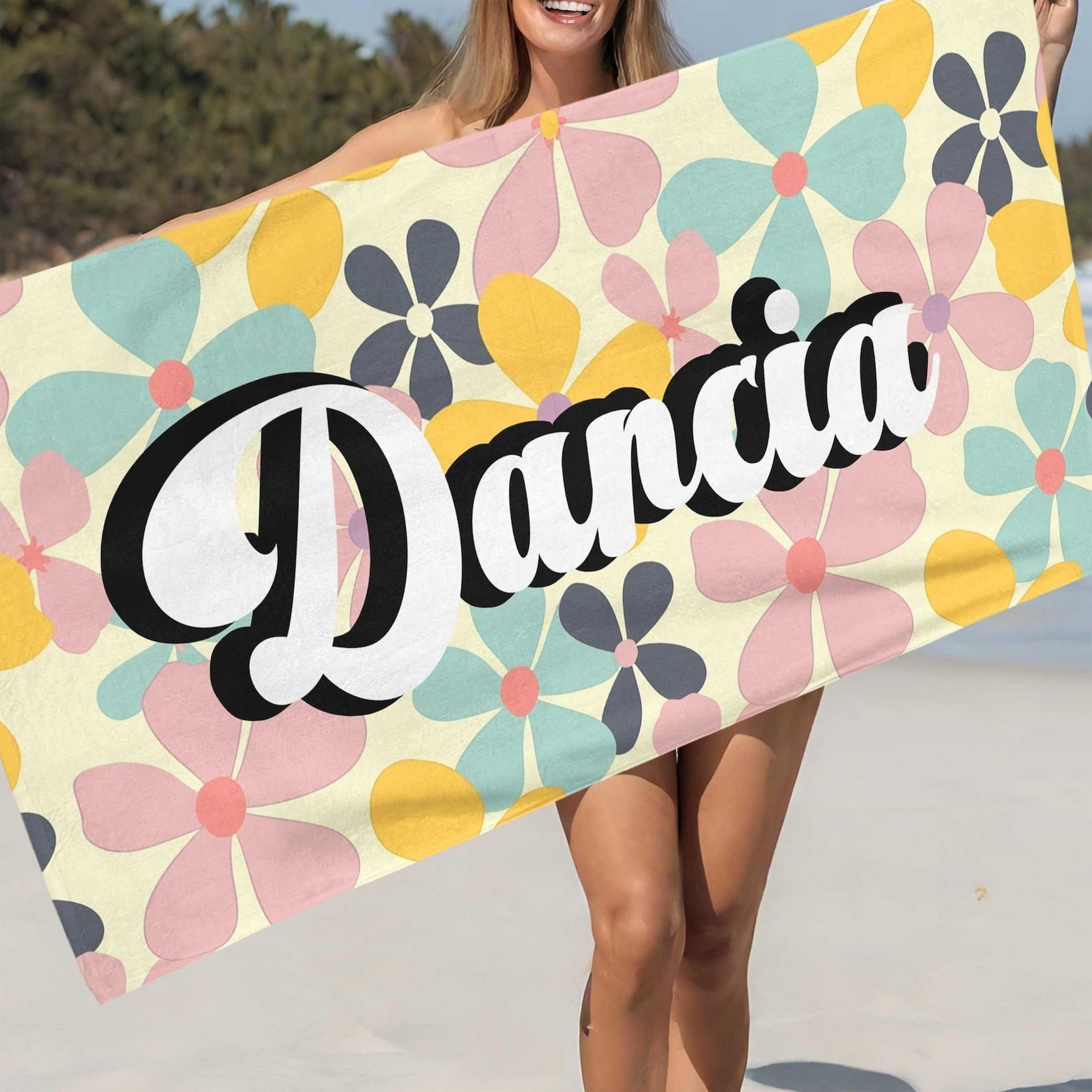 custom name floral beach towel – personalized sea vacation gift for women