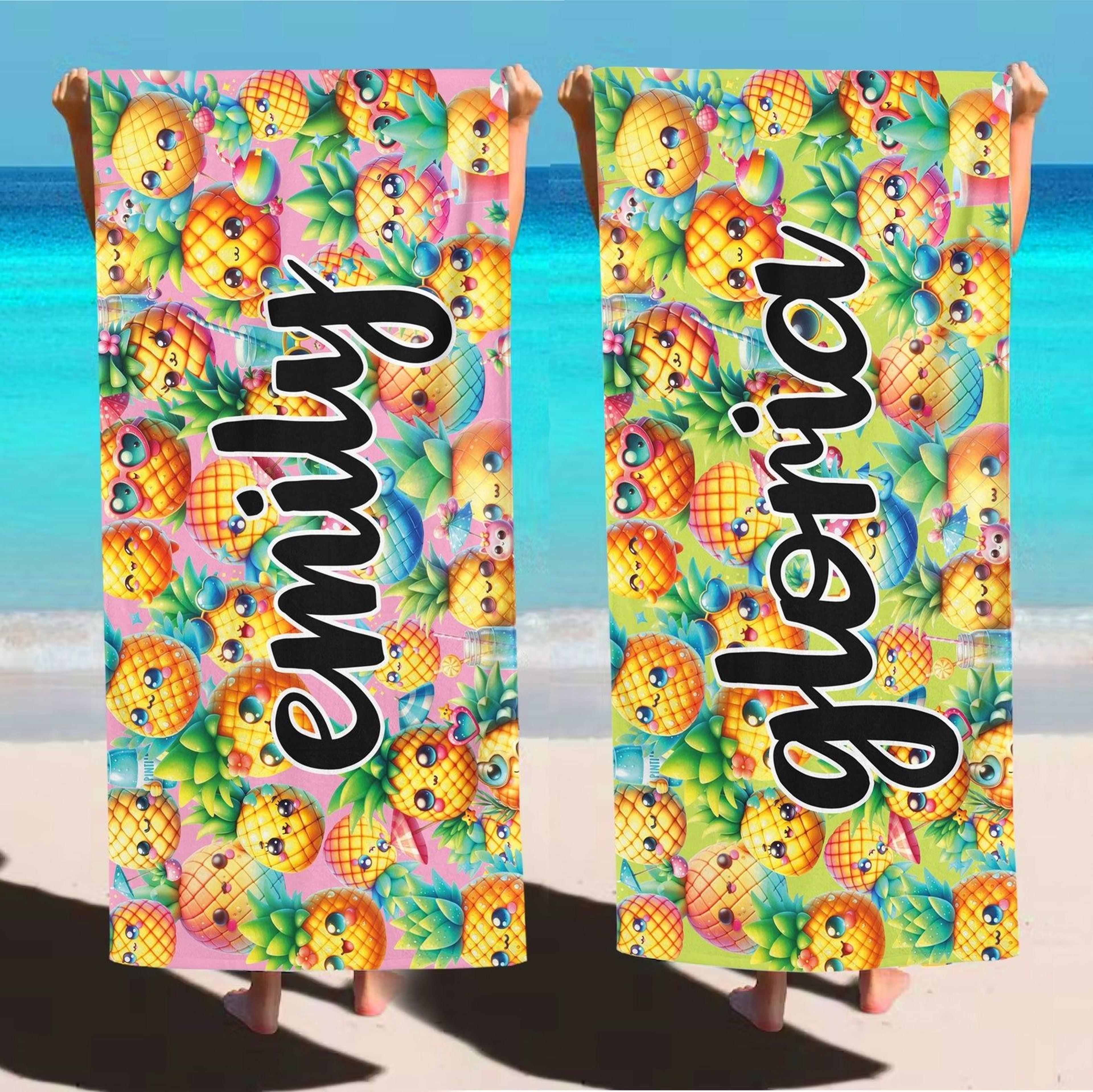 personalized pineapple beach towel with custom name – tropical summer vacation gift