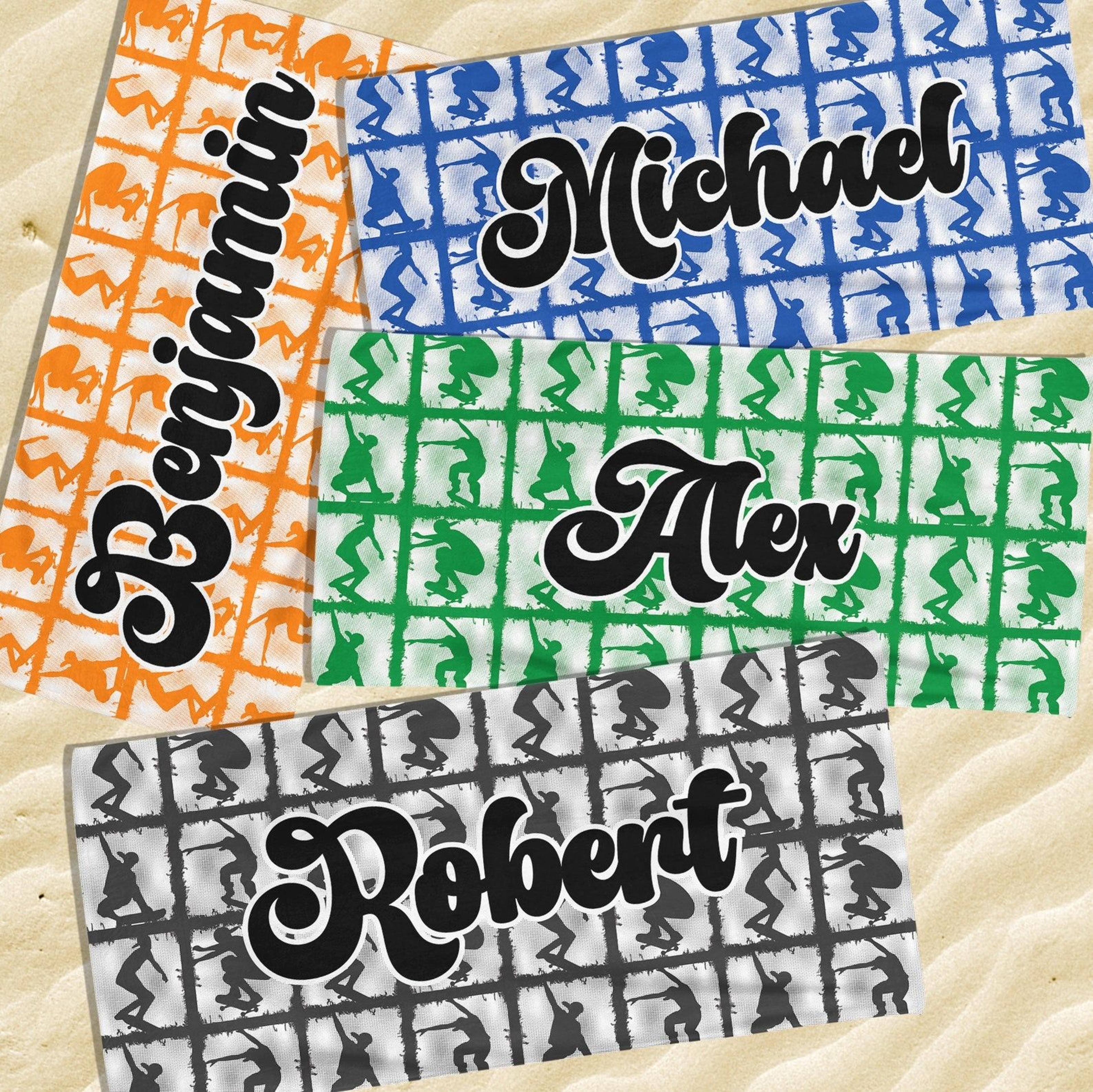 personalized skateboard beach towel with custom name – boys sports & summer gift