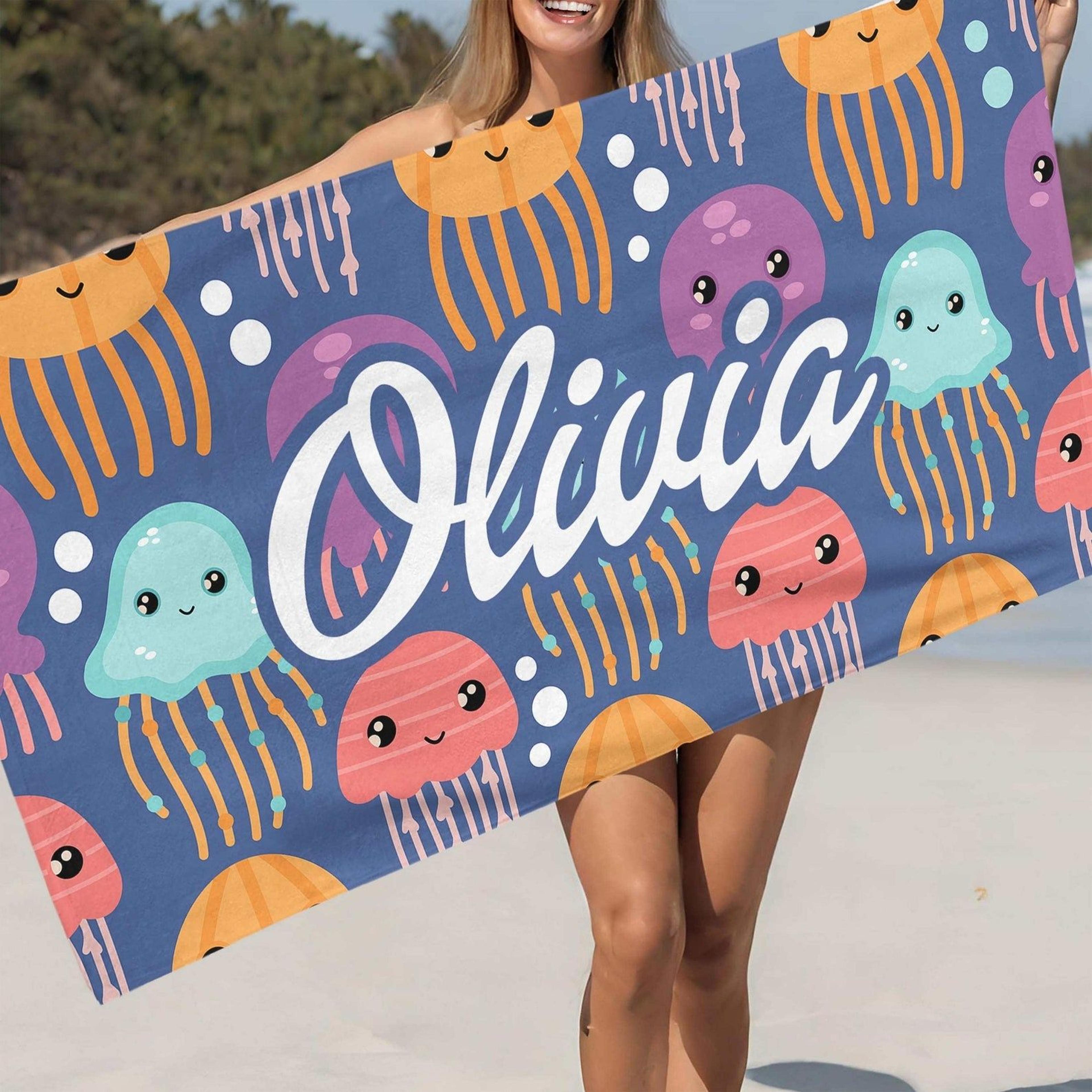 personalized jellyfish beach towel with custom name – ocean-themed kids summer gift