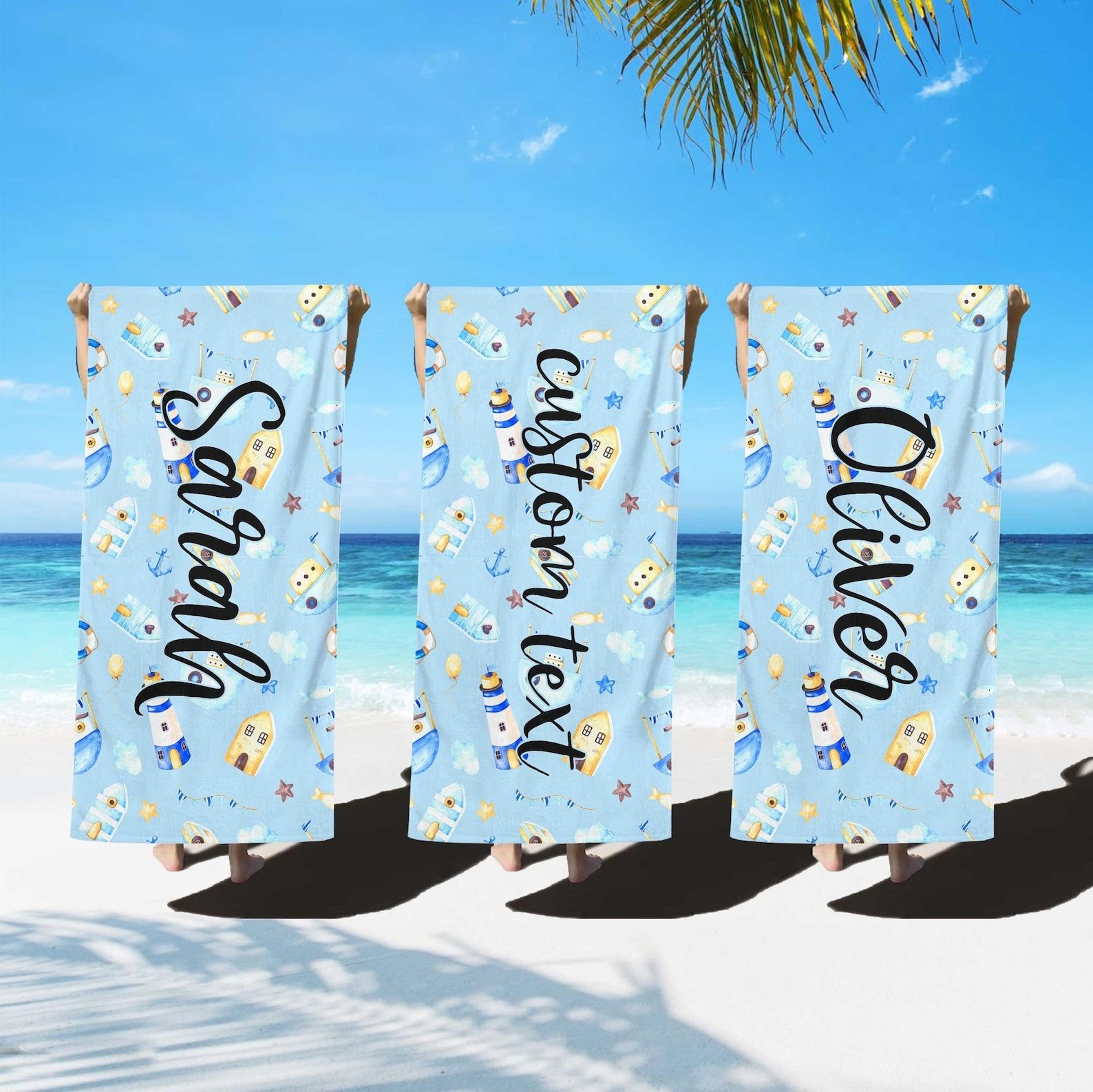 custom kids beach towel with nautical print – personalized name summer gift