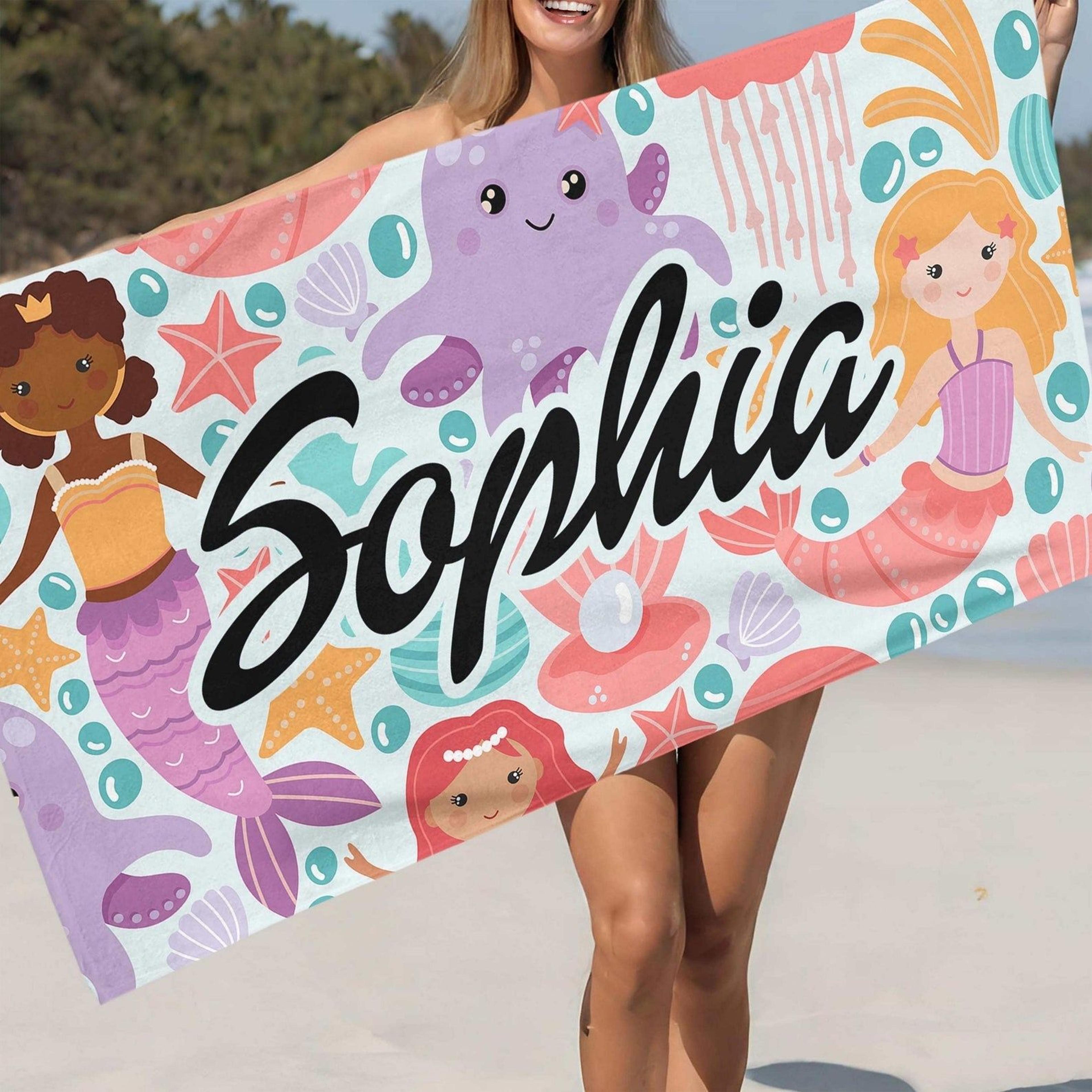 custom mermaid beach towel with personalized name – magical summer gift for girls