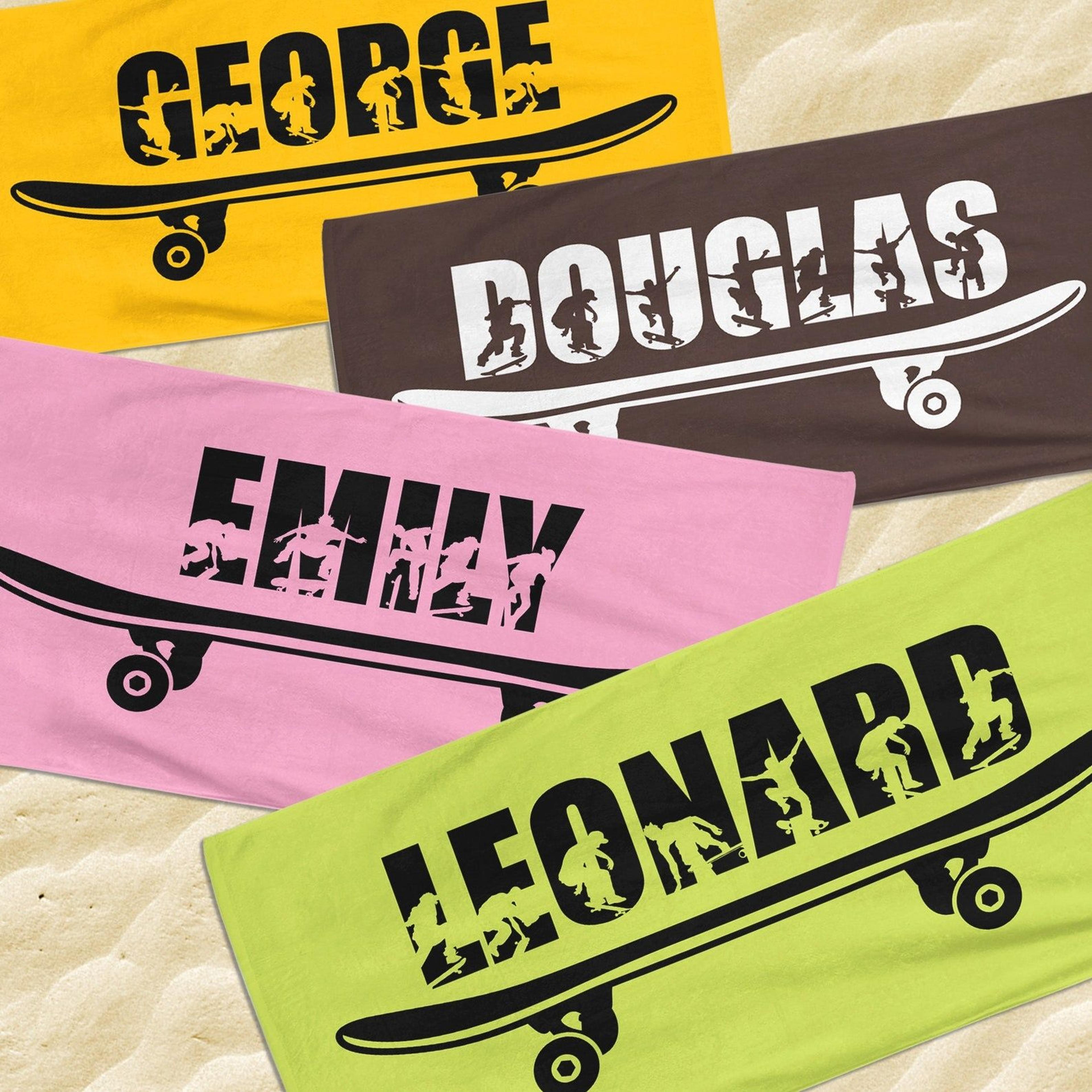 personalized skateboard beach towel with custom name – summer gift for teenagers