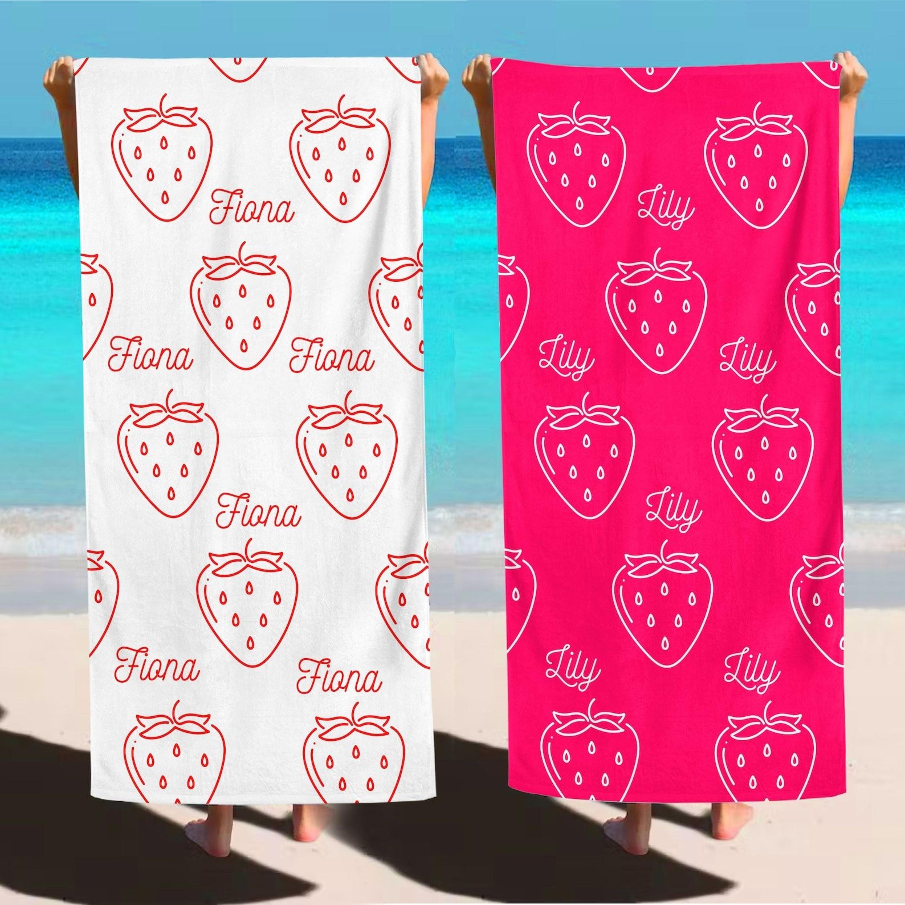 personalized strawberry beach towel with custom name – watercolor summer gift