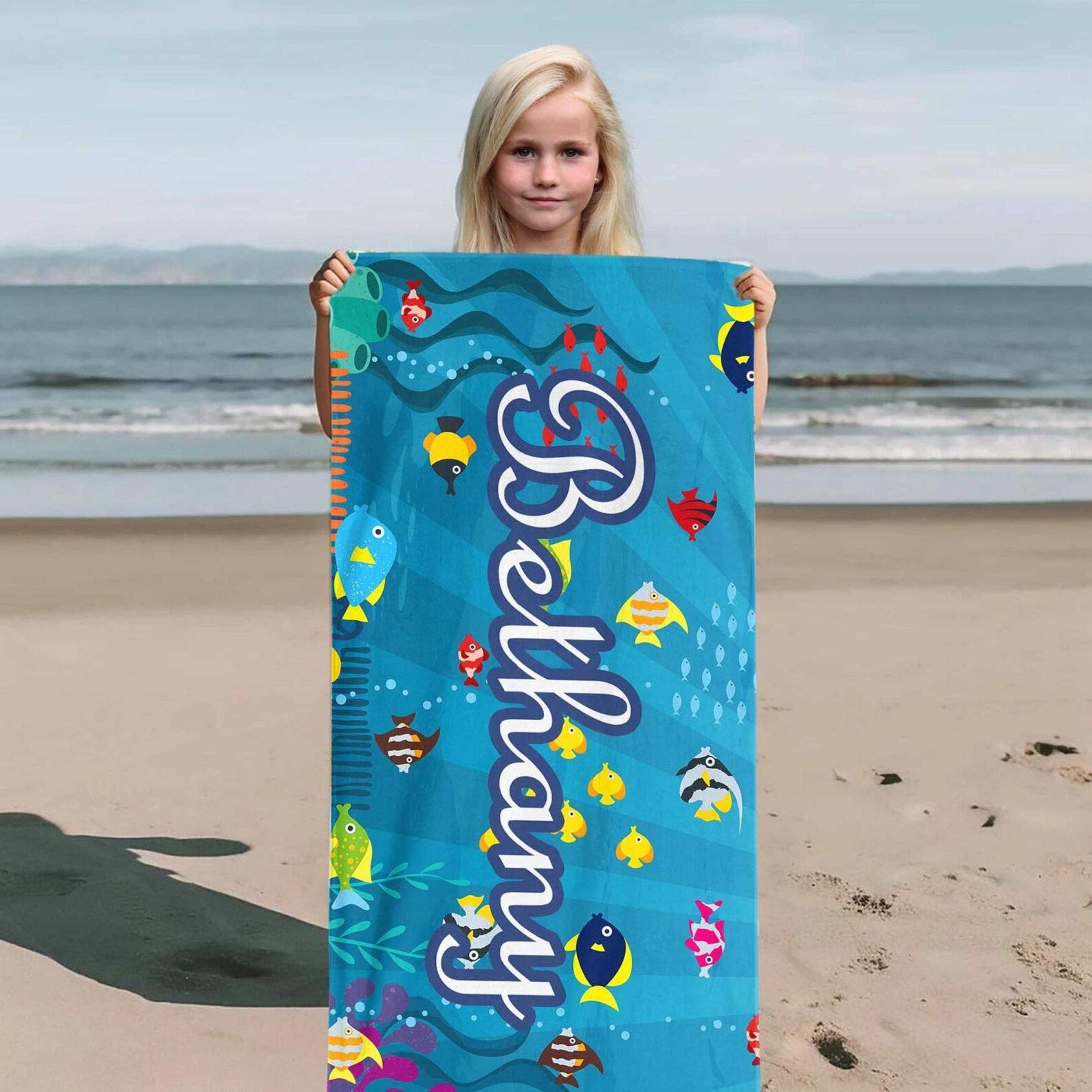 personalized kids beach towel with custom name – under the sea party gift