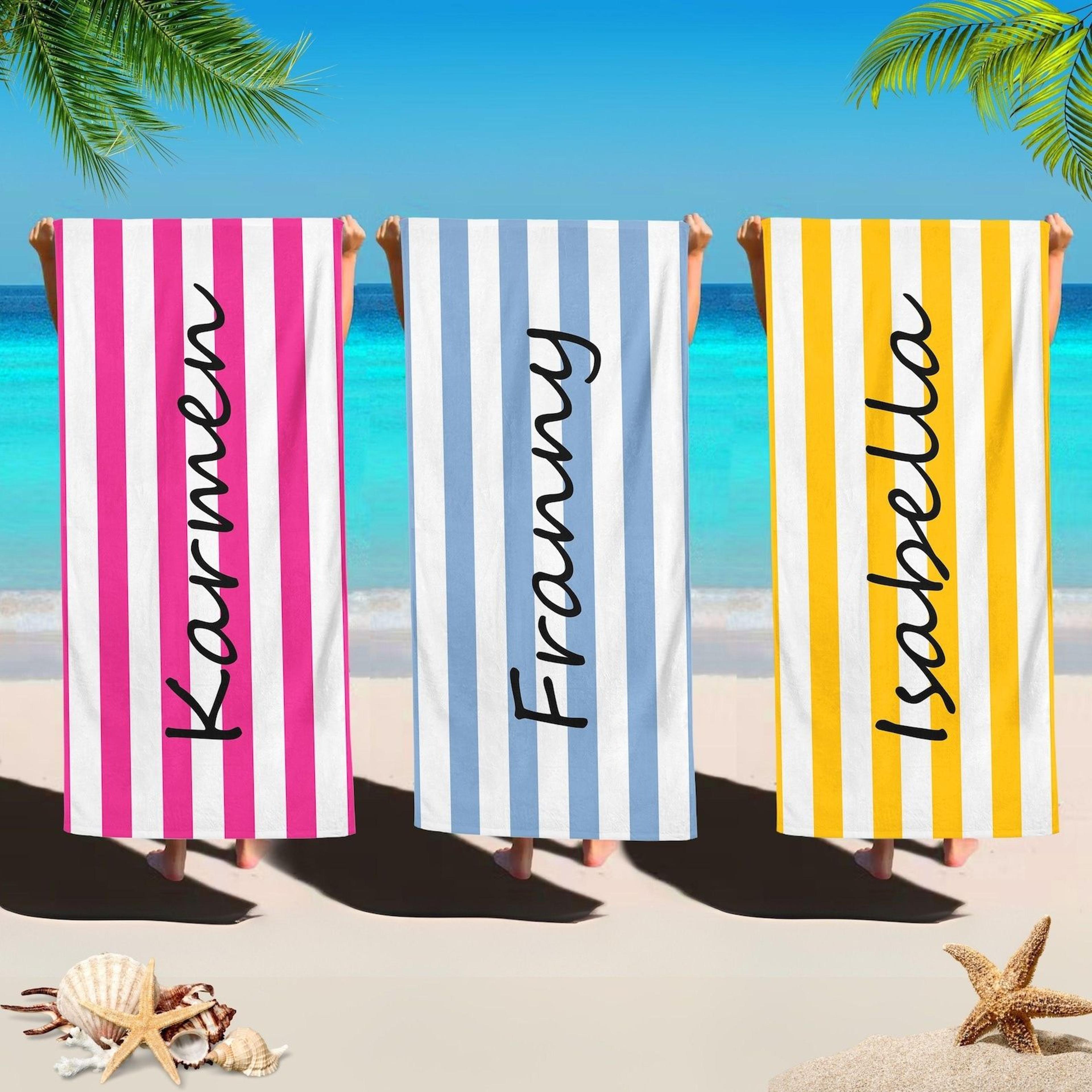 personalized striped beach towel with custom name – travel group & vacation gift