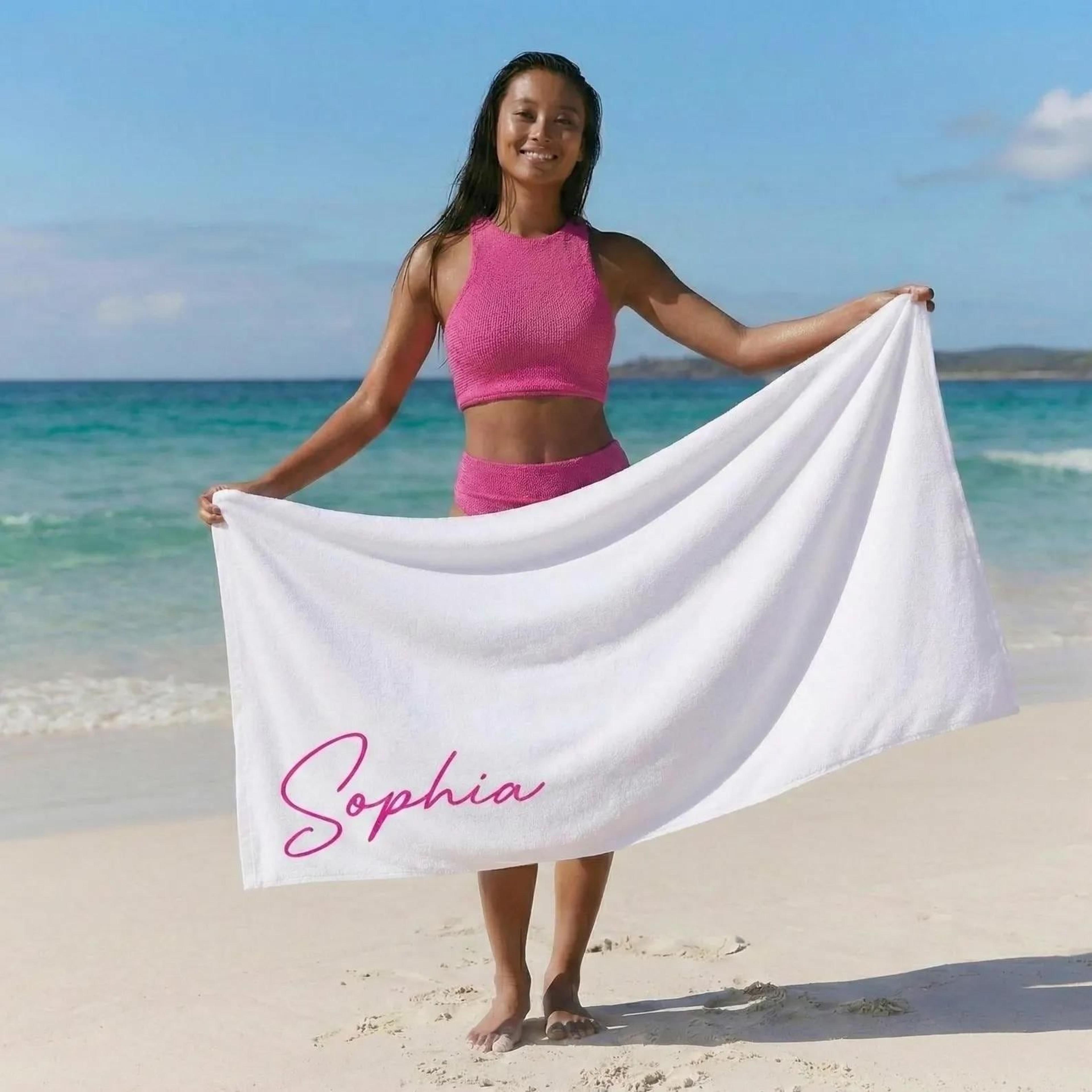 personalized script name beach towel – custom birthday gift & vacation pool towel