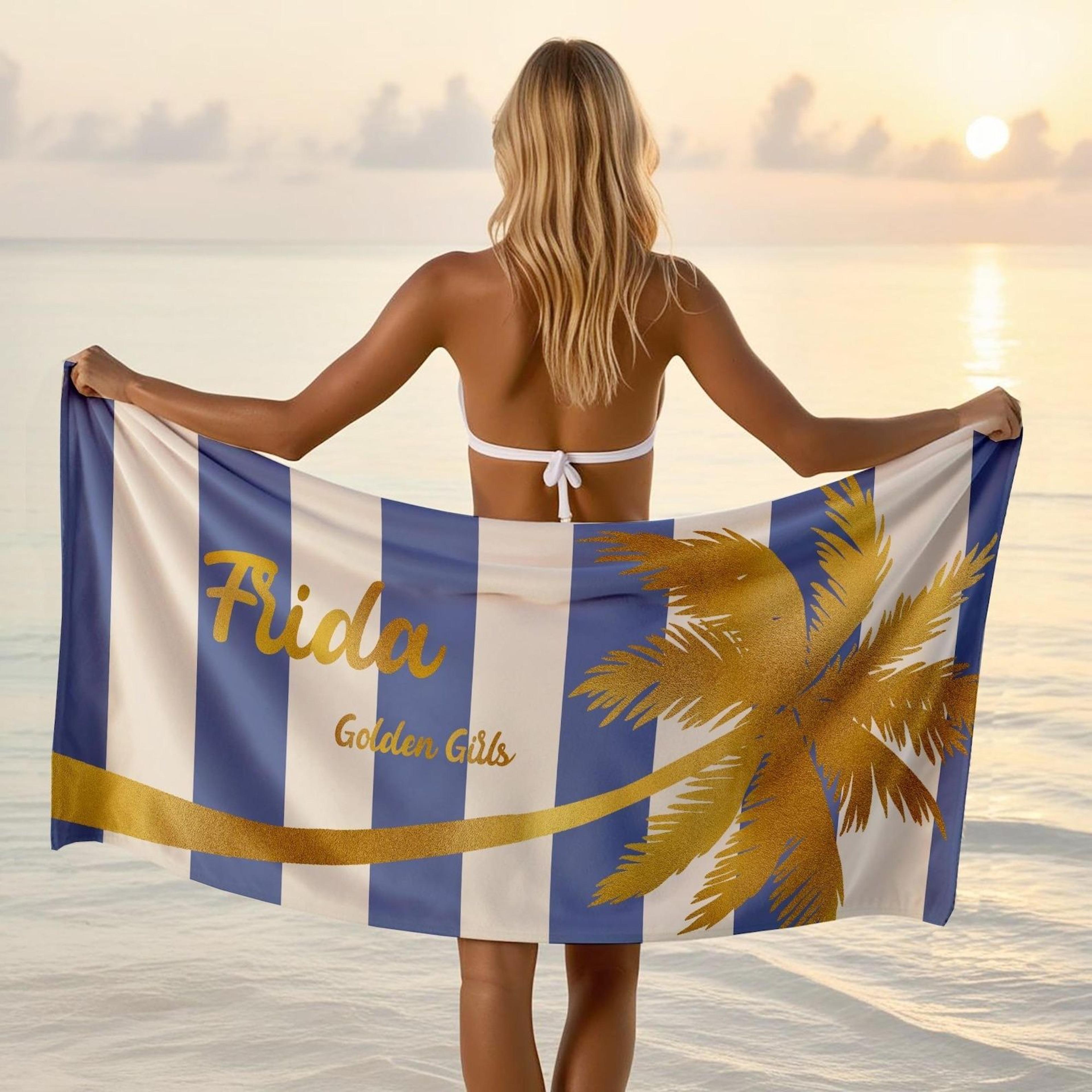 personalized gold palm tree beach towel – custom name tropical vacation gift