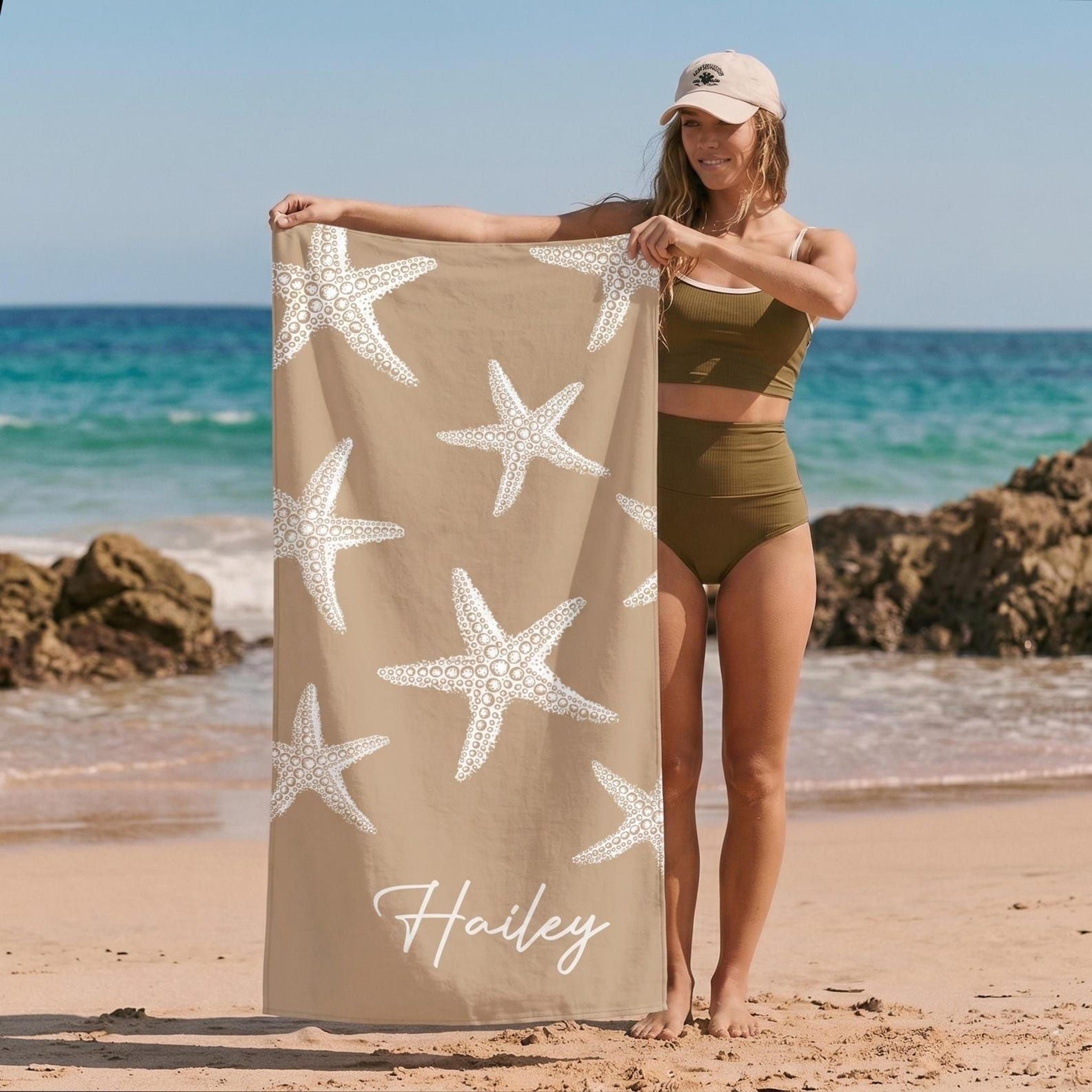 personalized starfish beach towel – custom name coastal vacation gift