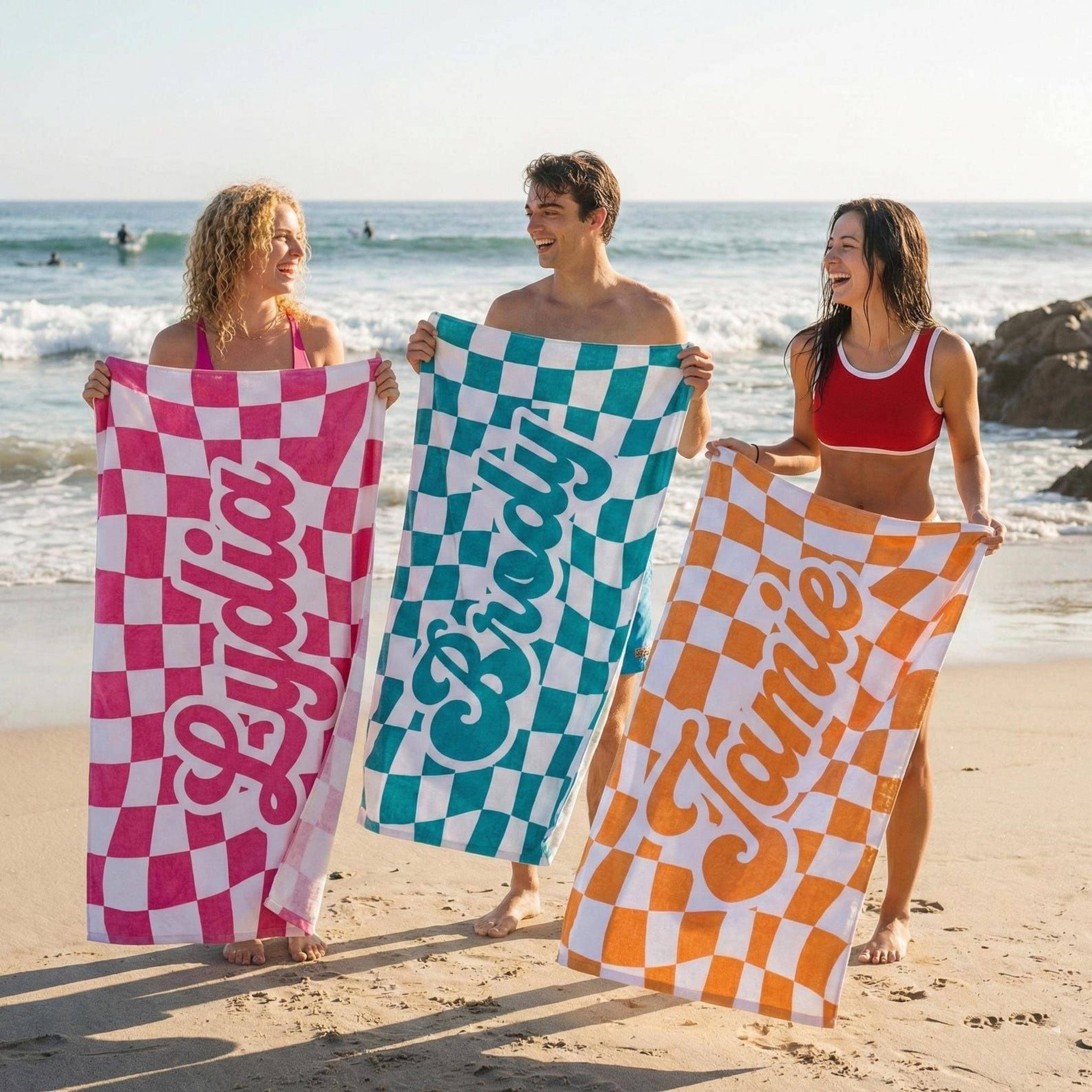 personalized checkerboard beach towel – custom name pool party & vacation gift