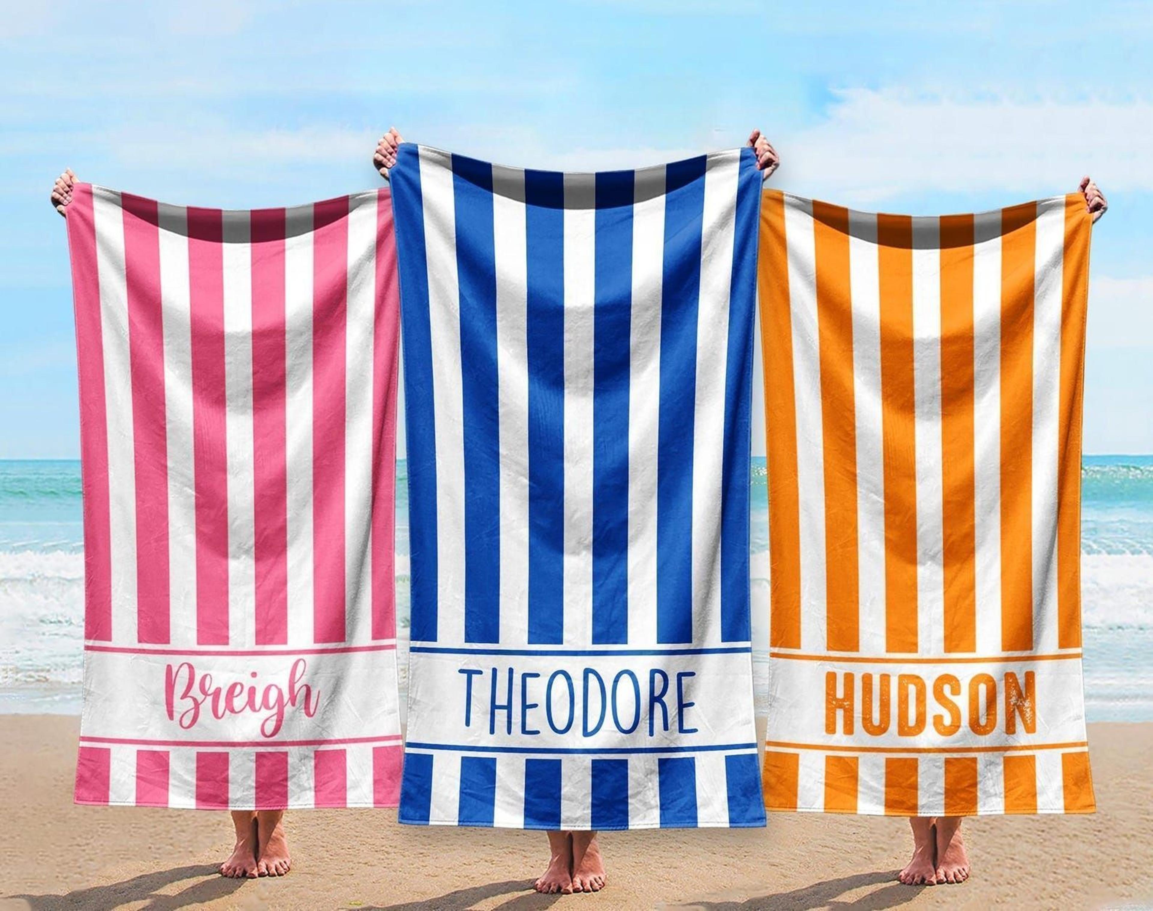 personalized stripe beach towel – custom name poolside & vacation gift