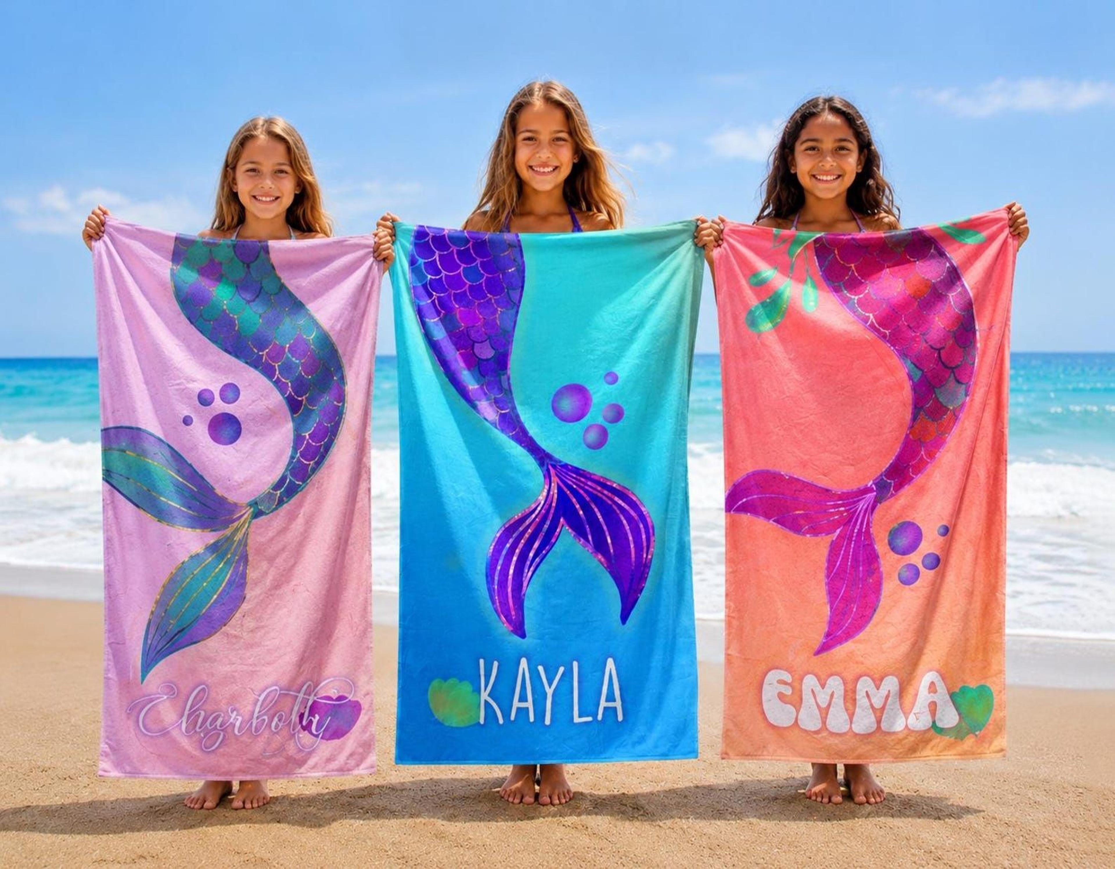 personalized mermaid beach towel – custom name retro starfish vacation gift