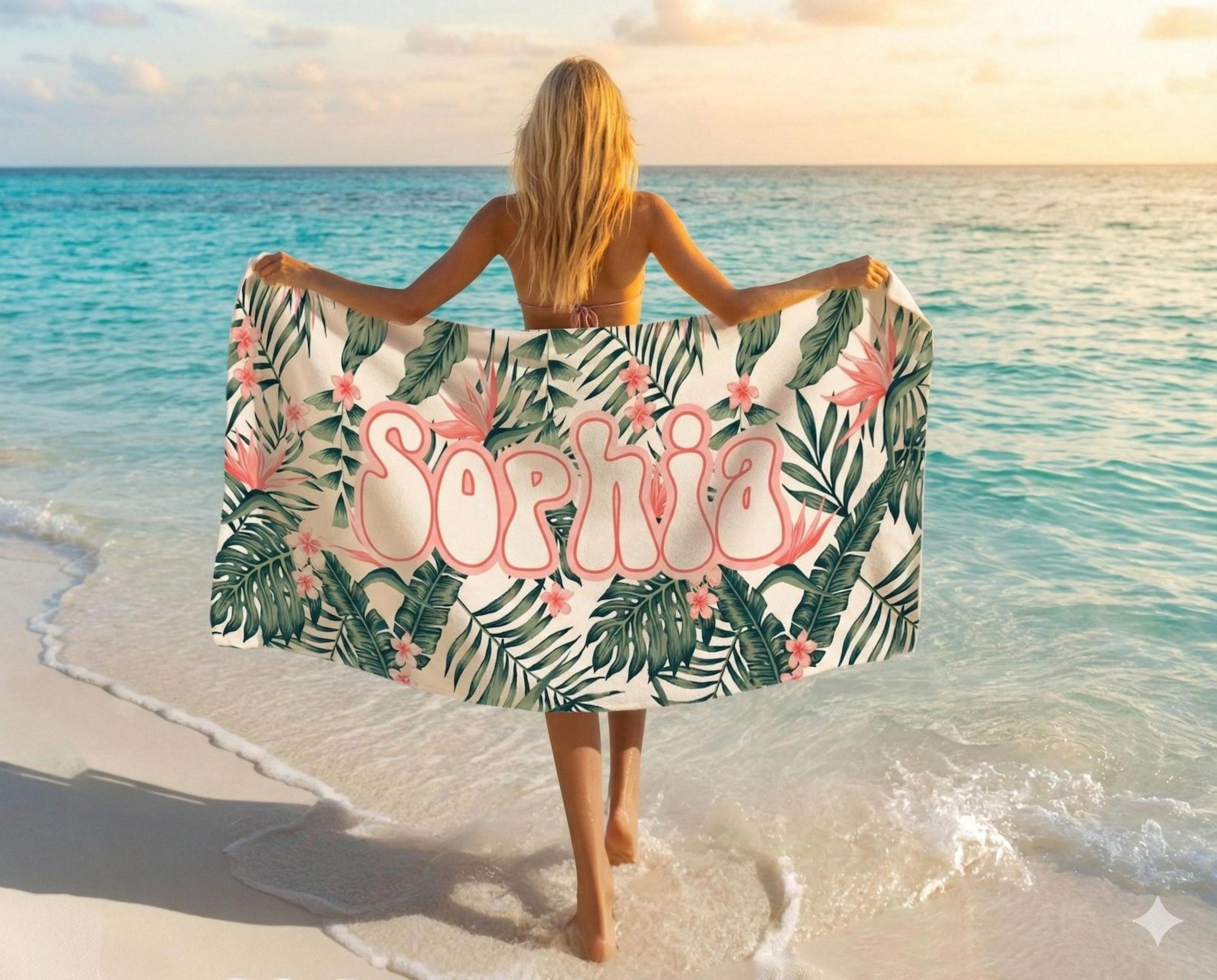personalized tropical floral beach towel – custom name poolside & vacation gift