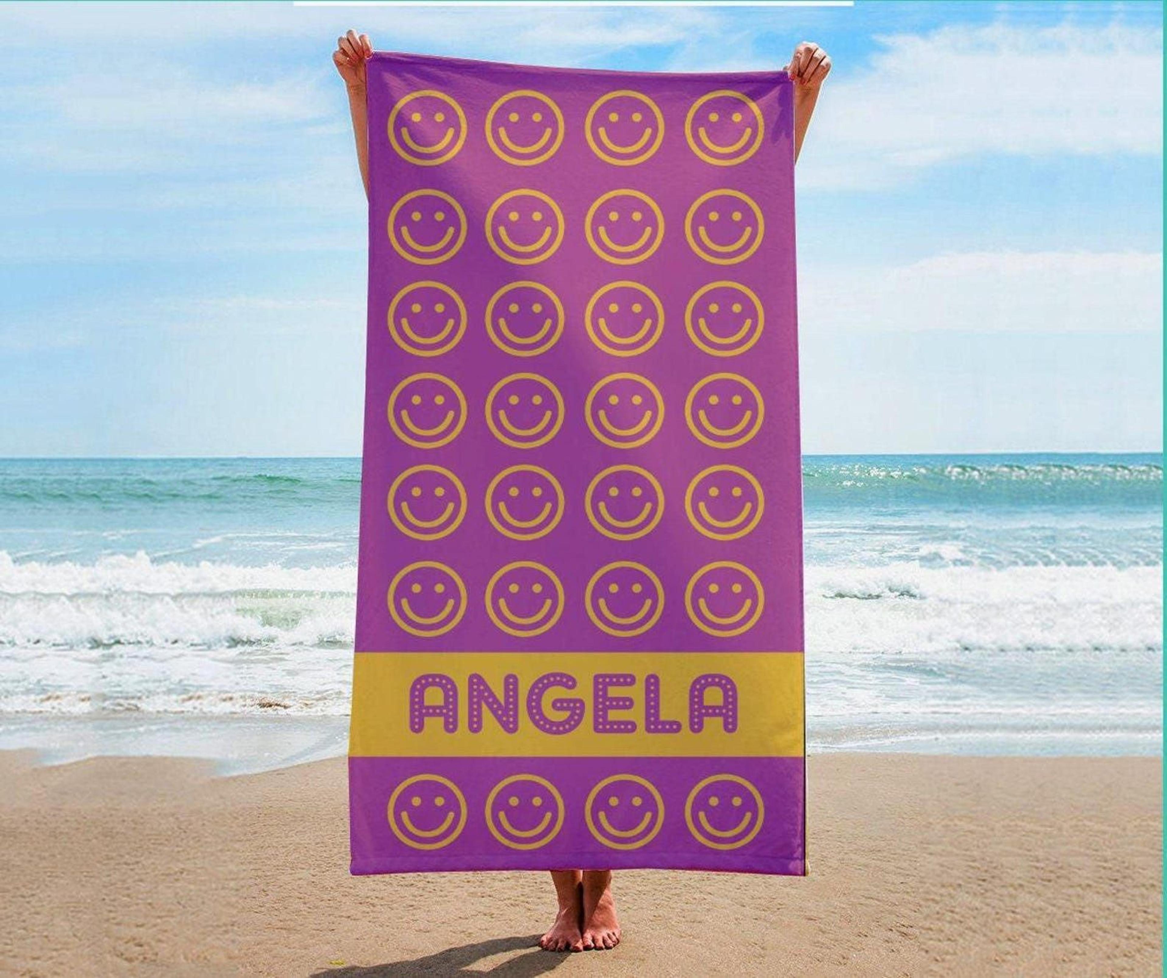 personalized happy smile beach towel – custom name poolside & vacation gift