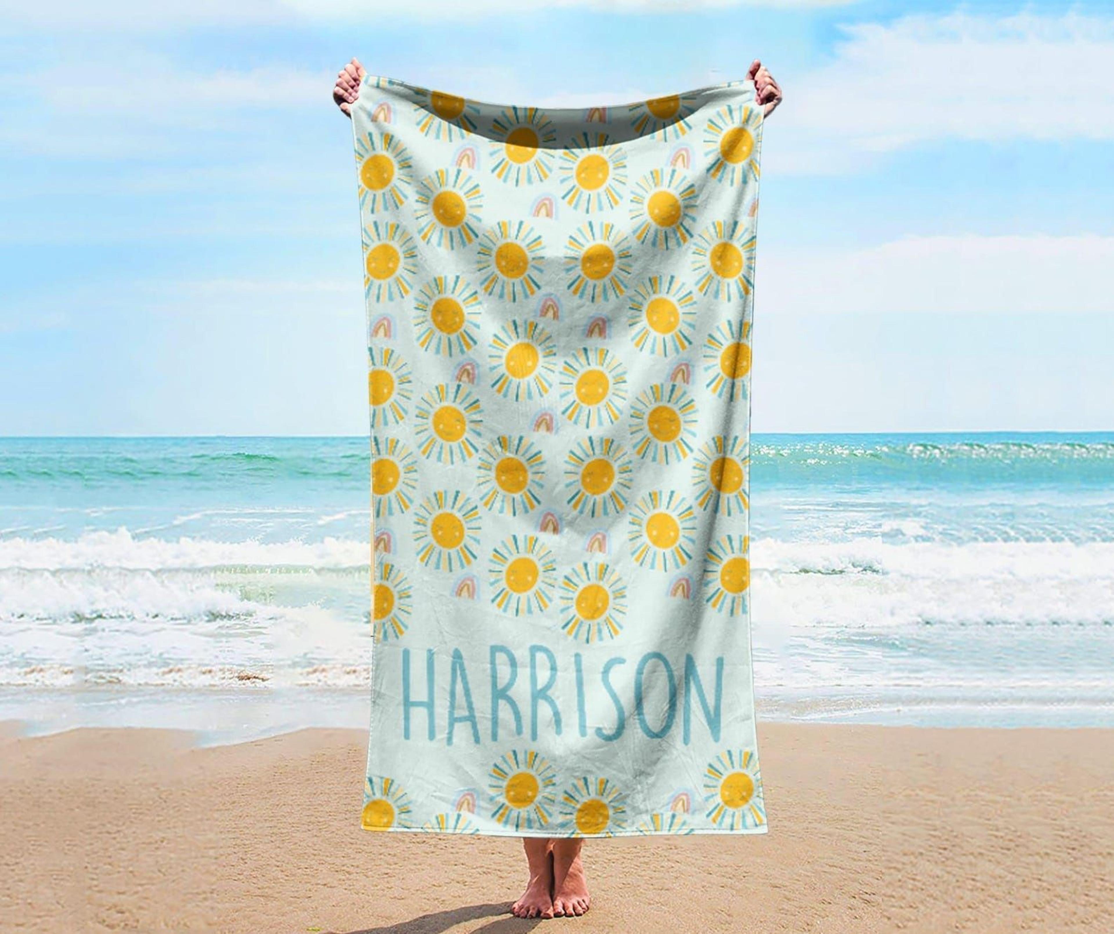 personalized sunshine rainbow beach towel – custom name poolside & vacation gift