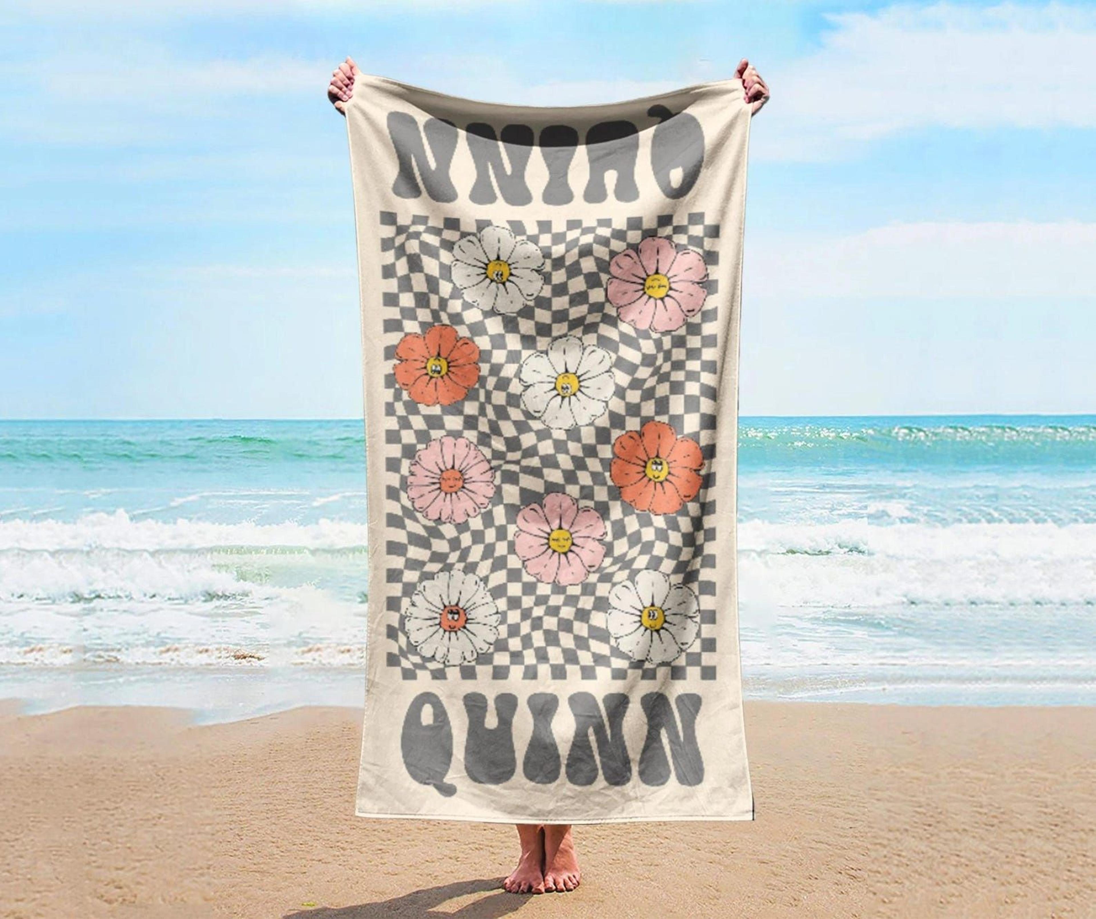 personalized smile face beach towel – custom name poolside & summer vacation gift