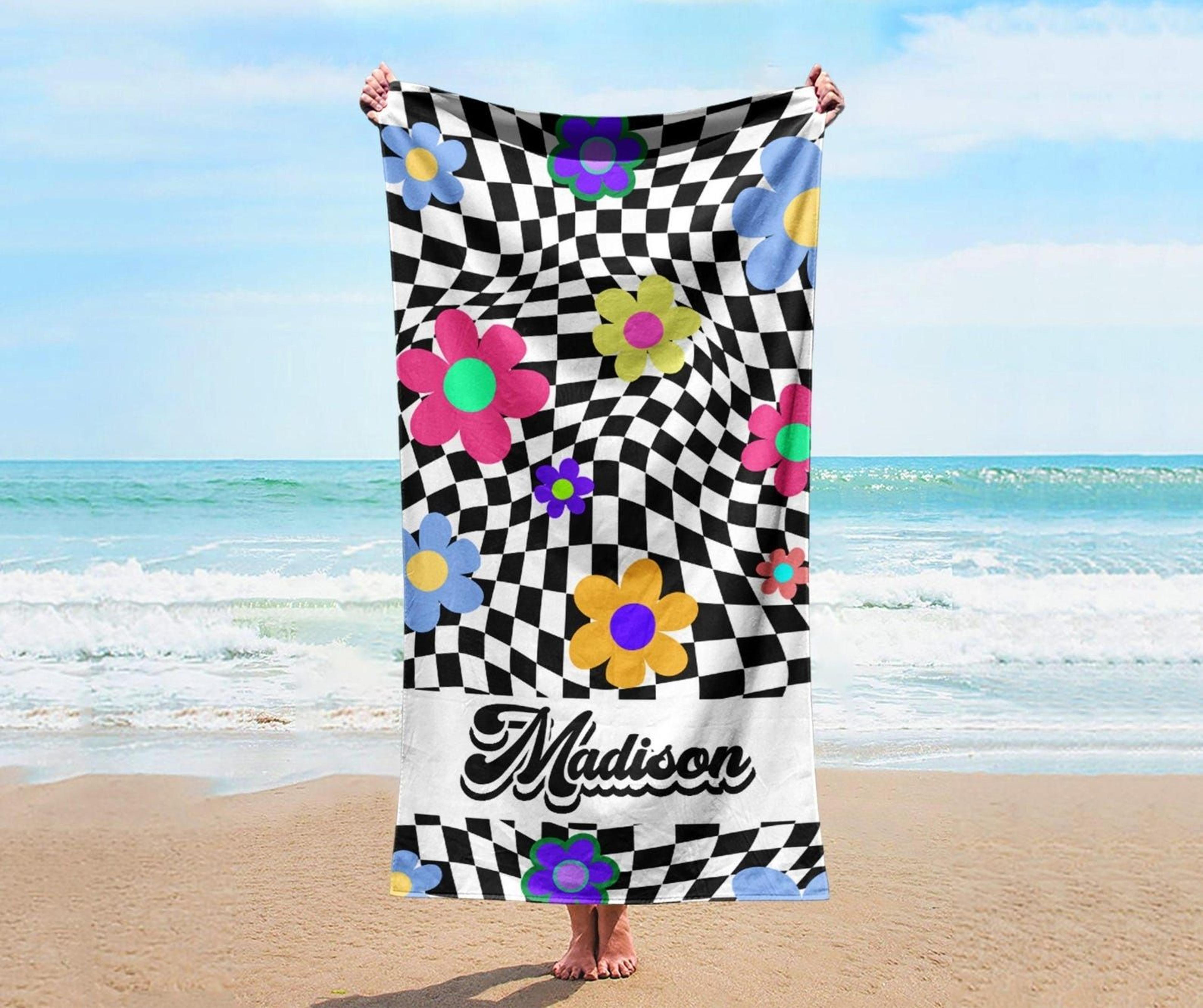 checker flower personalized beach towel – custom name retro poolside & vacation gift