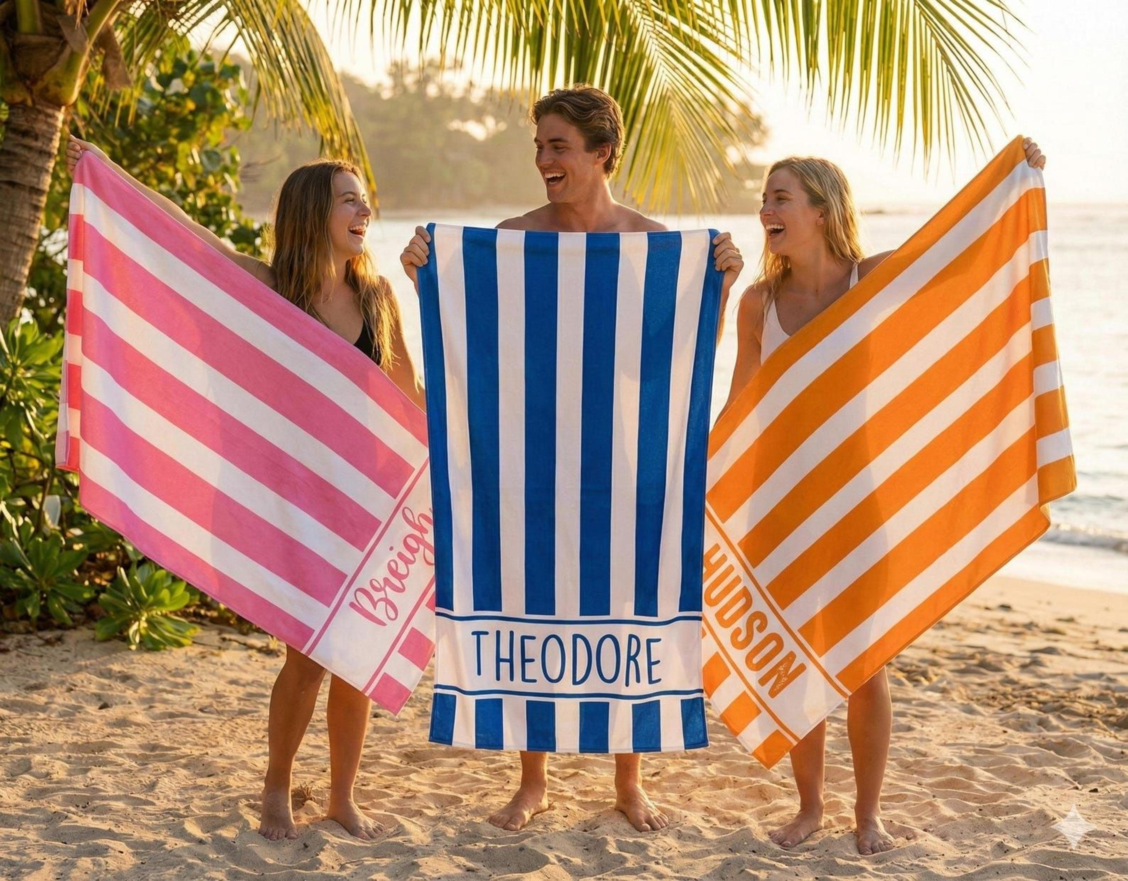 personalized stripe beach towel – custom name poolside vacation gift