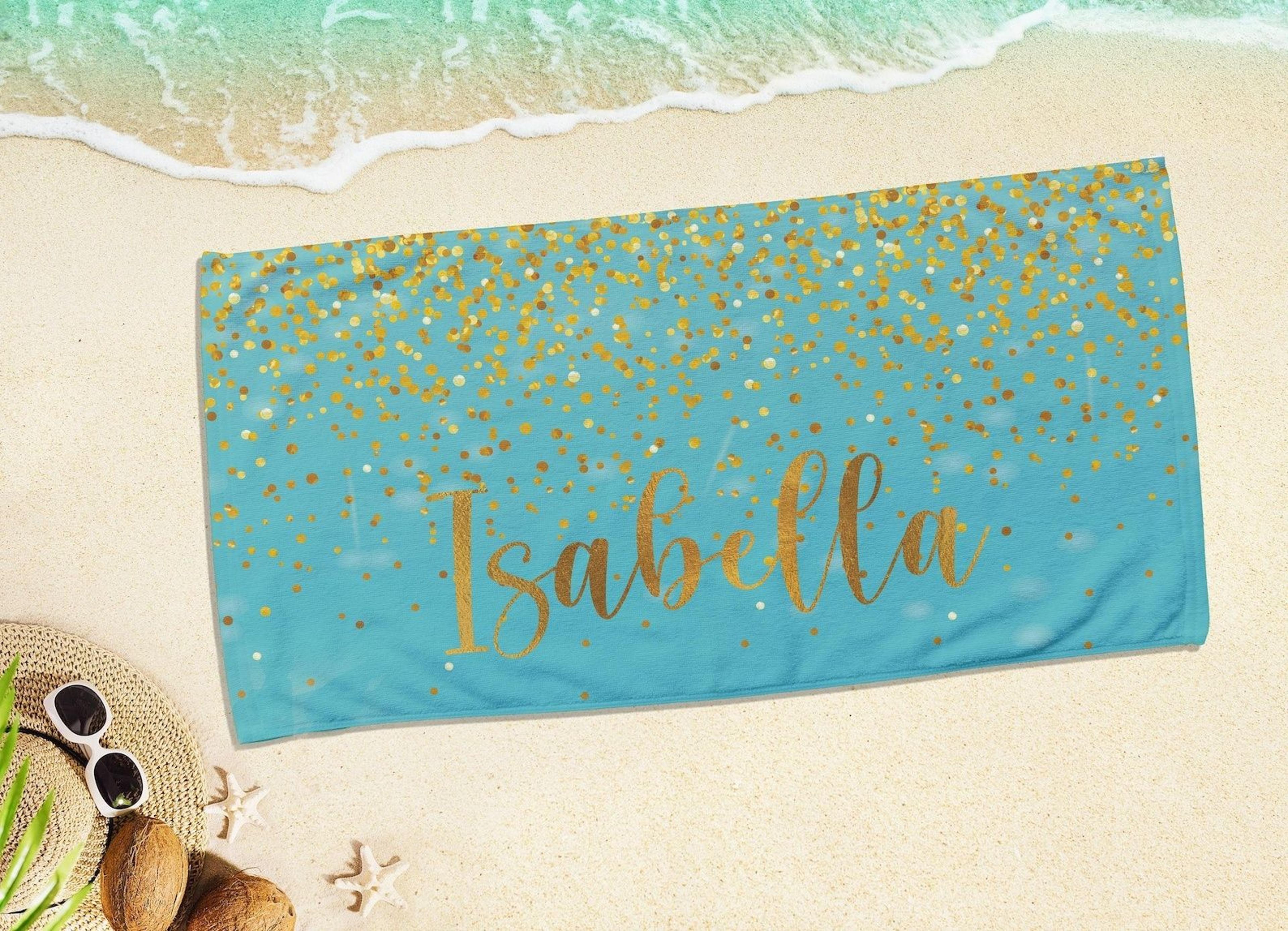 personalized sparkling gold name beach towel – custom luxury vacation & pool gift