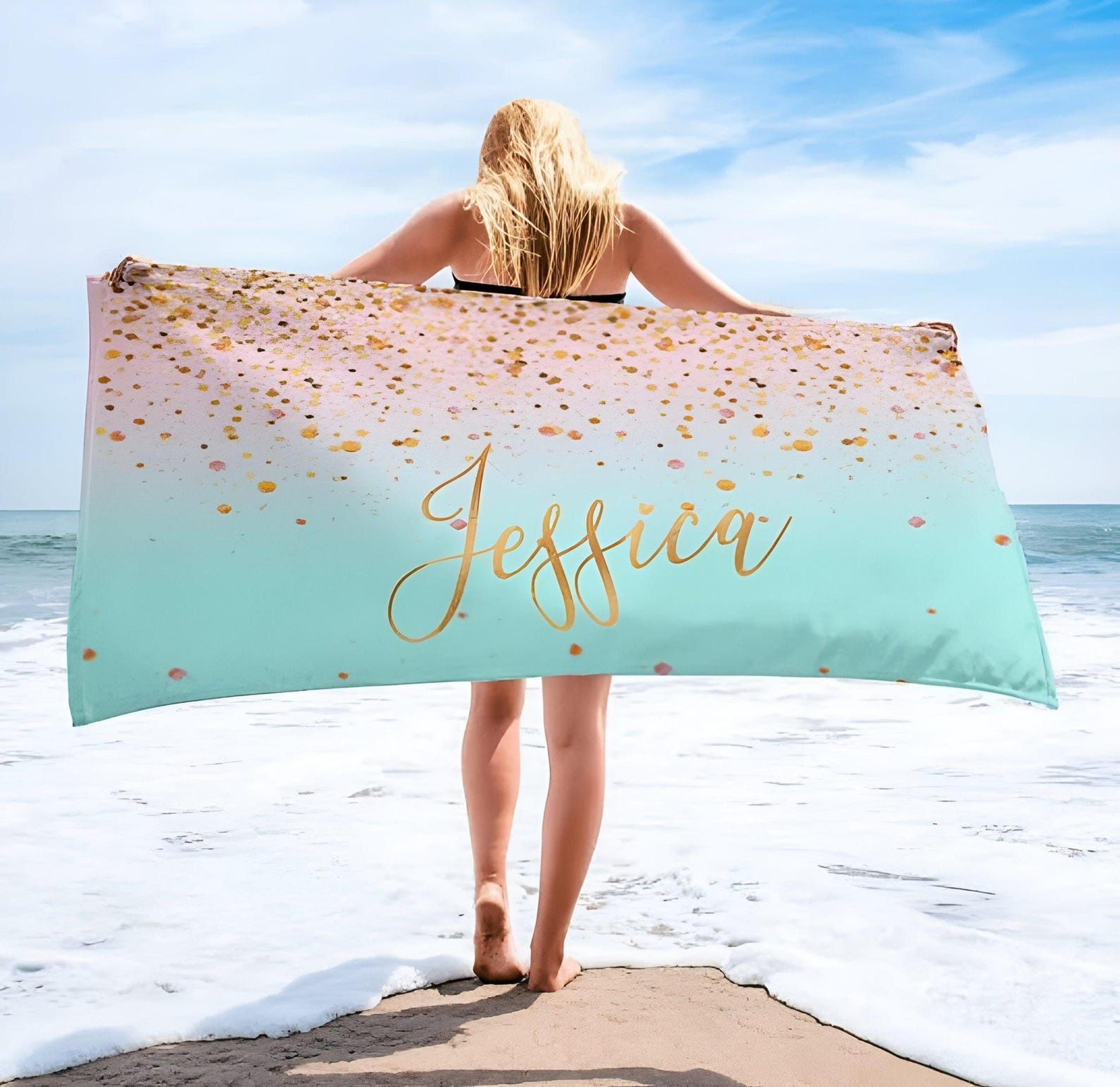 personalized sparkling gold name beach towel – custom glam vacation & pool gift